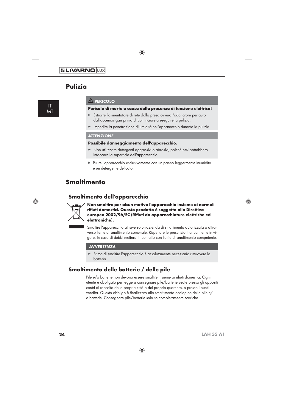 Pulizia, Smaltimento, Smaltimento dell'apparecchio | Smaltimento delle batterie / delle pile, It mt | Livarno LAH 55 A1 User Manual | Page 26 / 72