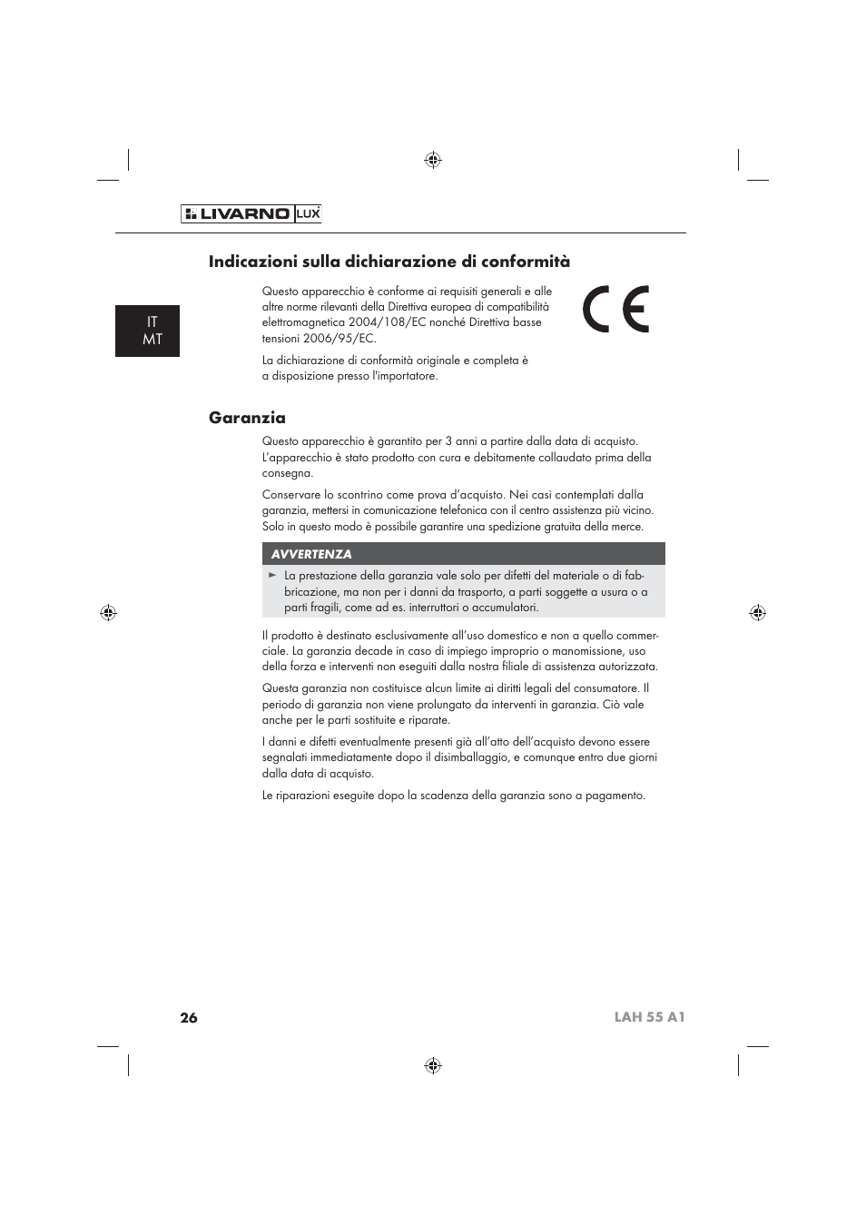 Indicazioni sulla dichiarazione di conformità, Garanzia, It mt | Livarno LAH 55 A1 User Manual | Page 28 / 72