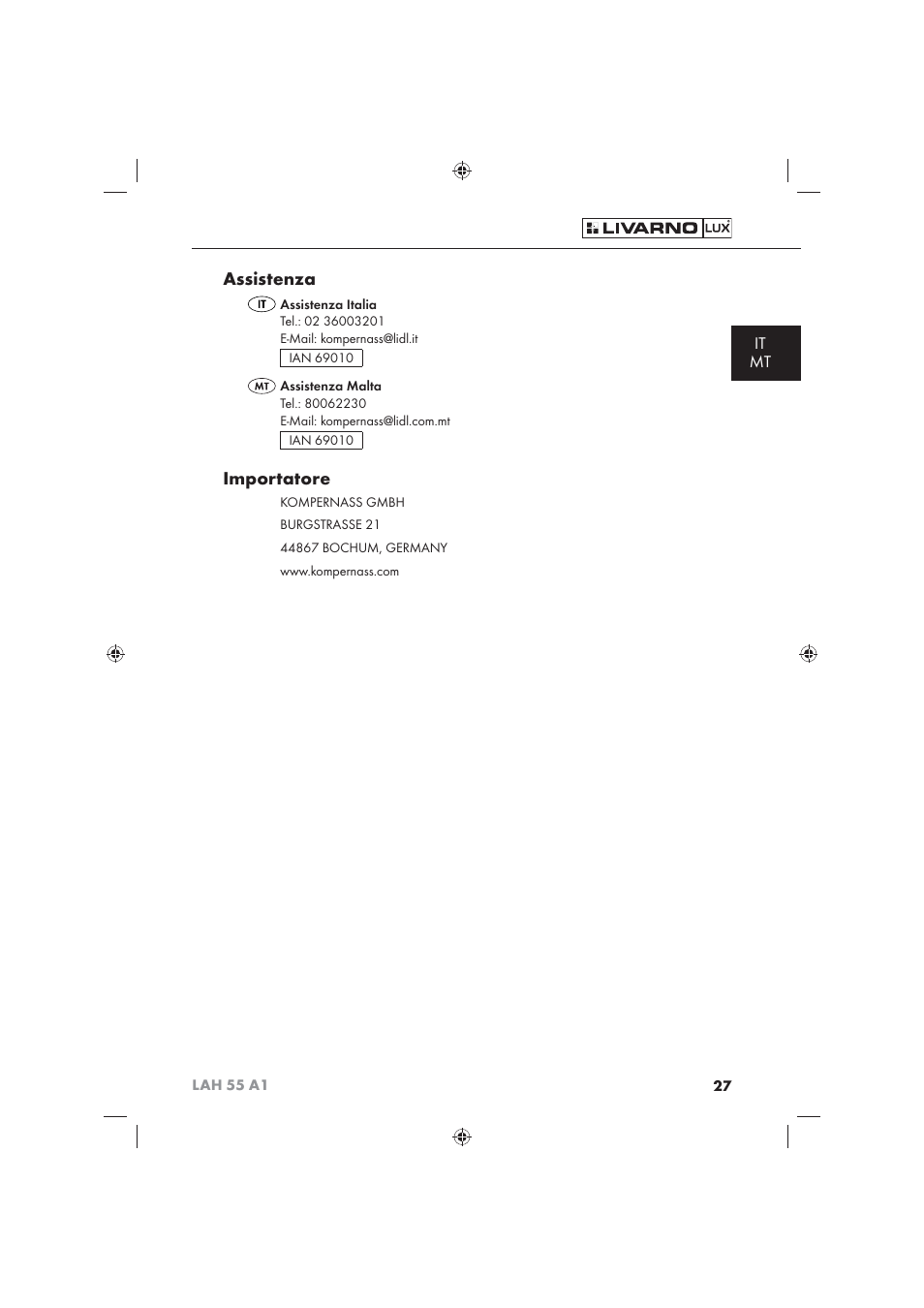 Assistenza, Importatore, It mt | Livarno LAH 55 A1 User Manual | Page 29 / 72