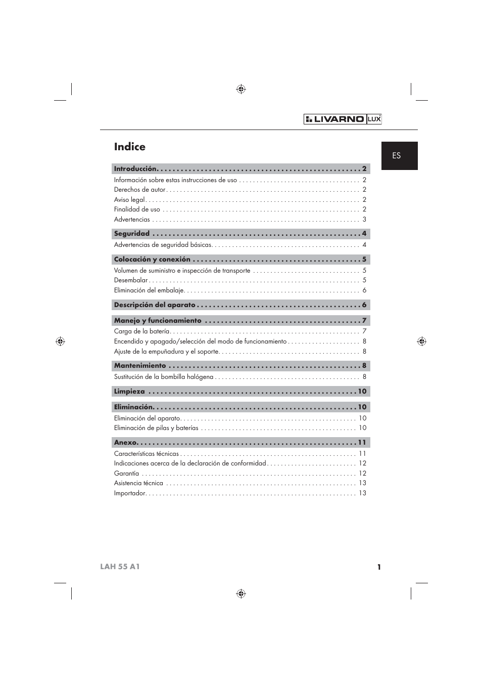 Indice | Livarno LAH 55 A1 User Manual | Page 3 / 72