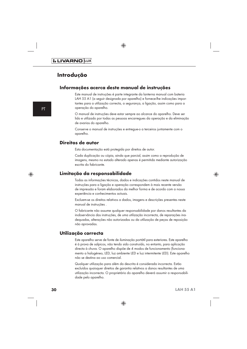 Introdução, Informações acerca deste manual de instruções, Direitos de autor | Limitação da responsabilidade, Utilização correcta | Livarno LAH 55 A1 User Manual | Page 32 / 72