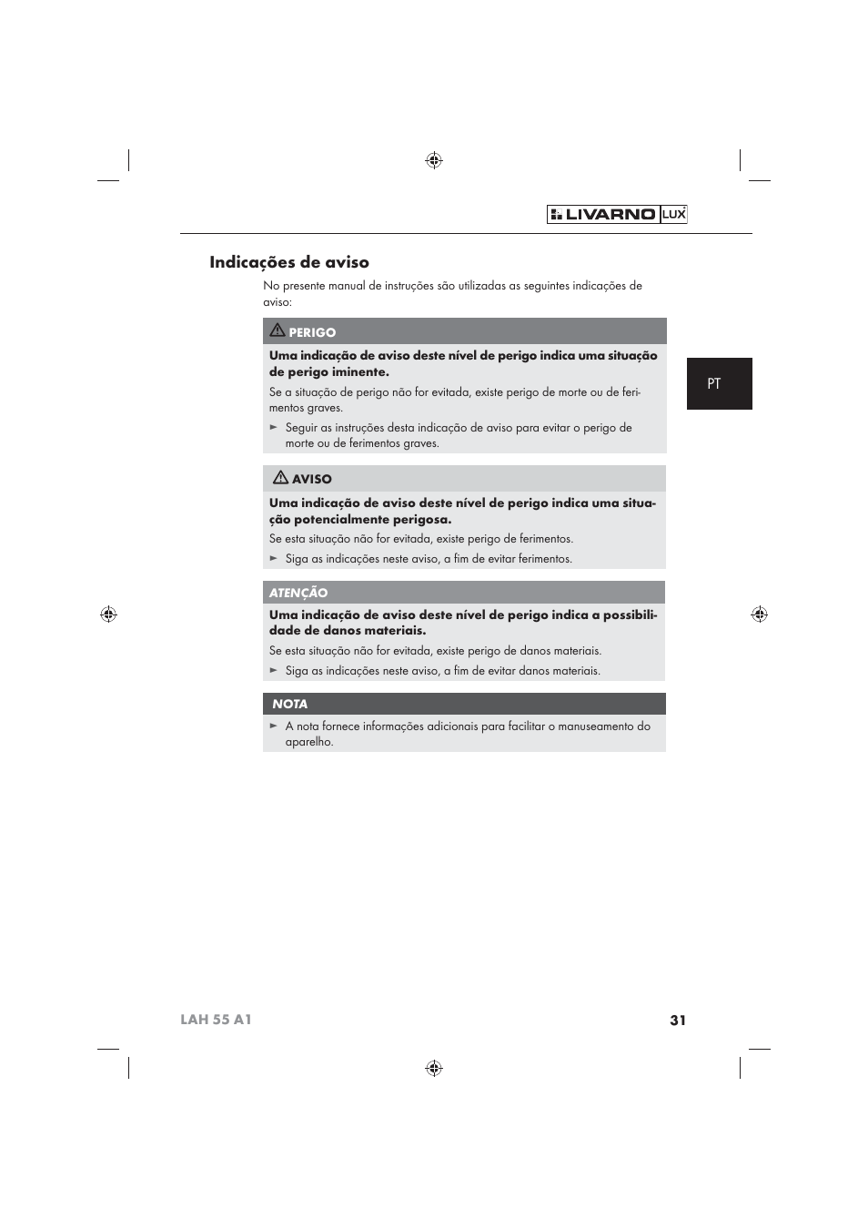 Indicações de aviso | Livarno LAH 55 A1 User Manual | Page 33 / 72