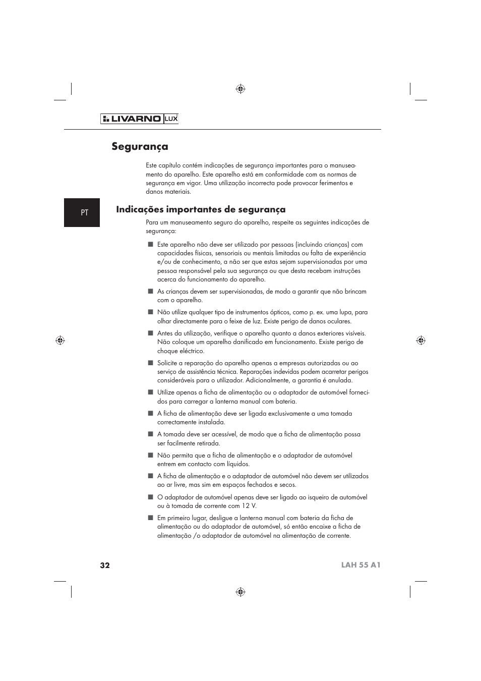 Segurança, Indicações importantes de segurança | Livarno LAH 55 A1 User Manual | Page 34 / 72