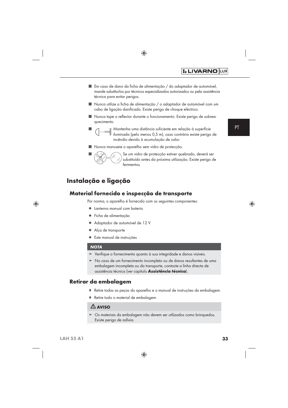 Instalação e ligação, Material fornecido e inspecção de transporte, Retirar da embalagem | Livarno LAH 55 A1 User Manual | Page 35 / 72