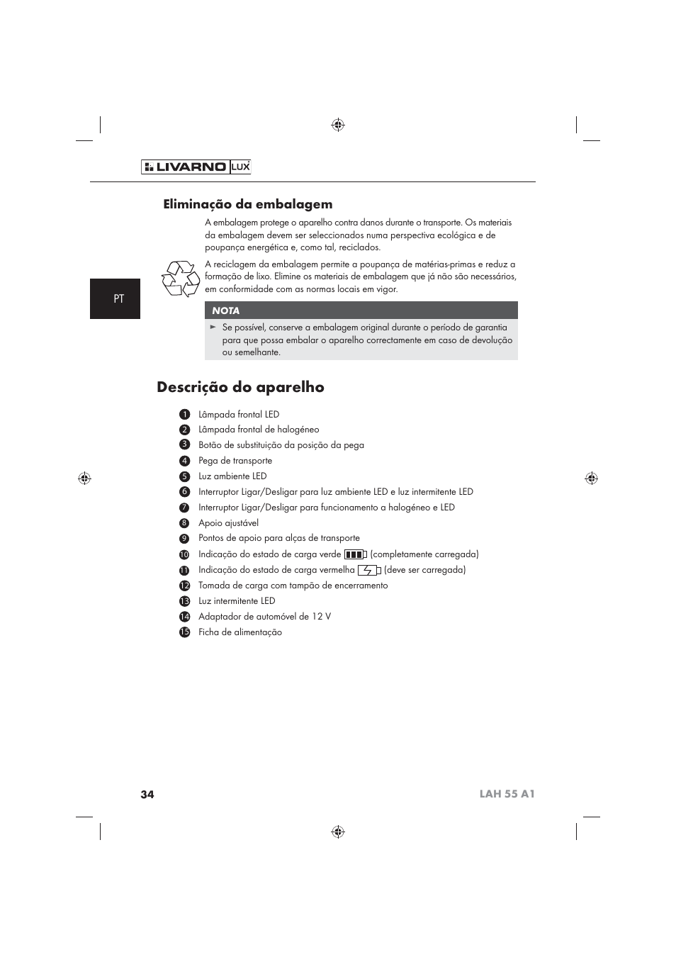 Descrição do aparelho, Eliminação da embalagem | Livarno LAH 55 A1 User Manual | Page 36 / 72