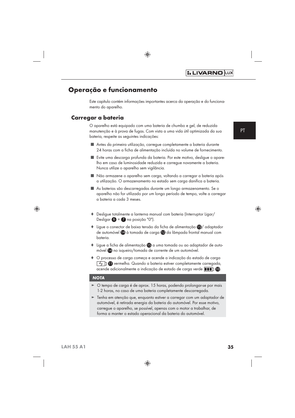 Operação e funcionamento, Carregar a bateria | Livarno LAH 55 A1 User Manual | Page 37 / 72