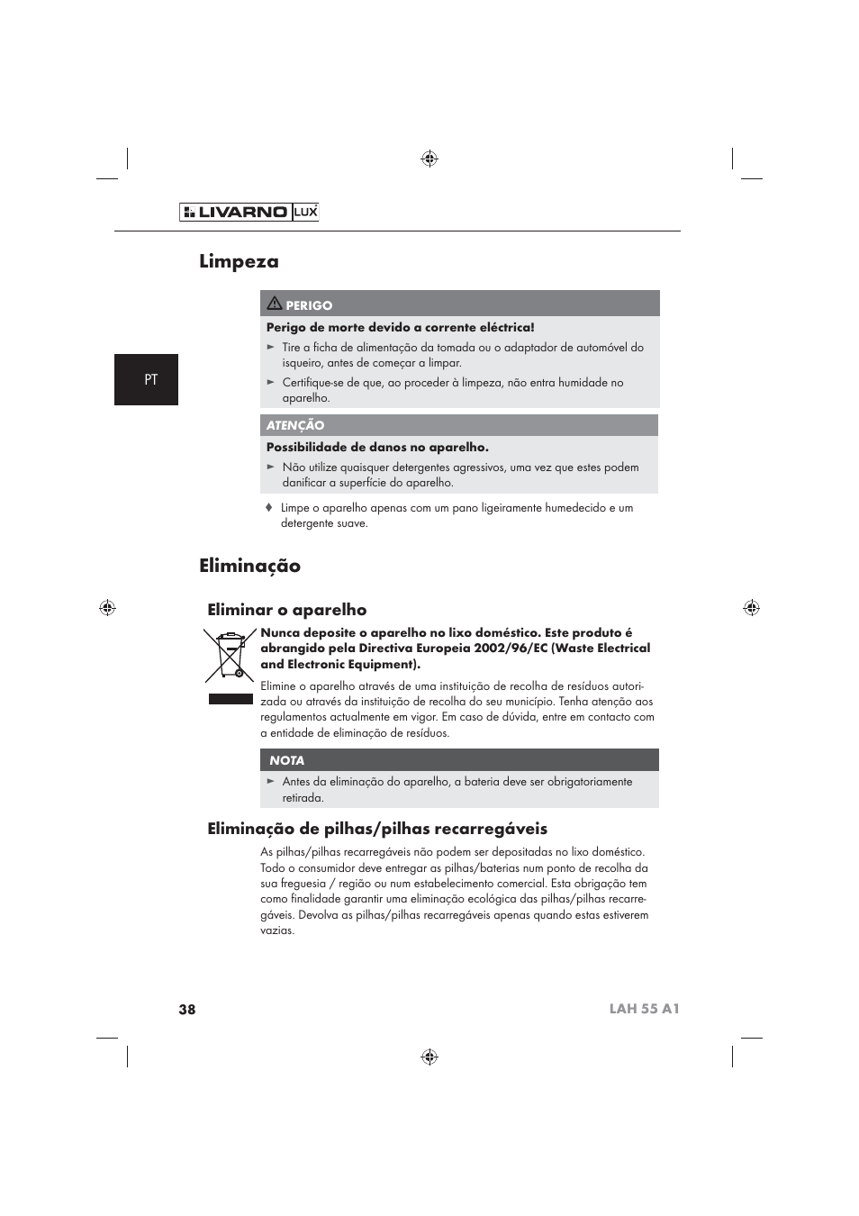 Limpeza, Eliminação, Eliminar o aparelho | Eliminação de pilhas/pilhas recarregáveis | Livarno LAH 55 A1 User Manual | Page 40 / 72