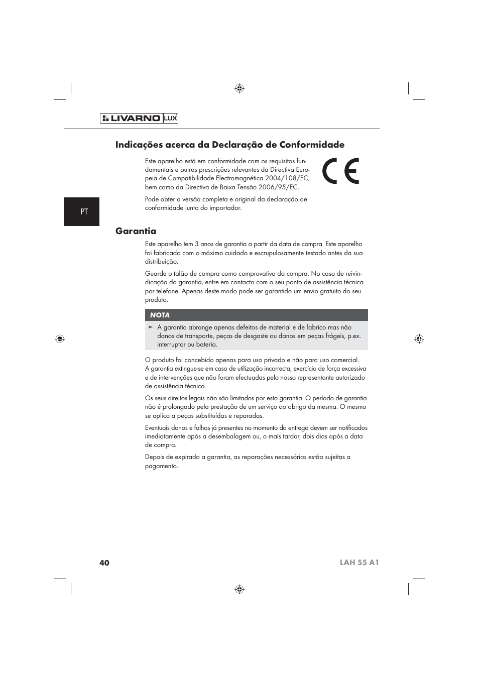 Indicações acerca da declaração de conformidade, Garantia | Livarno LAH 55 A1 User Manual | Page 42 / 72