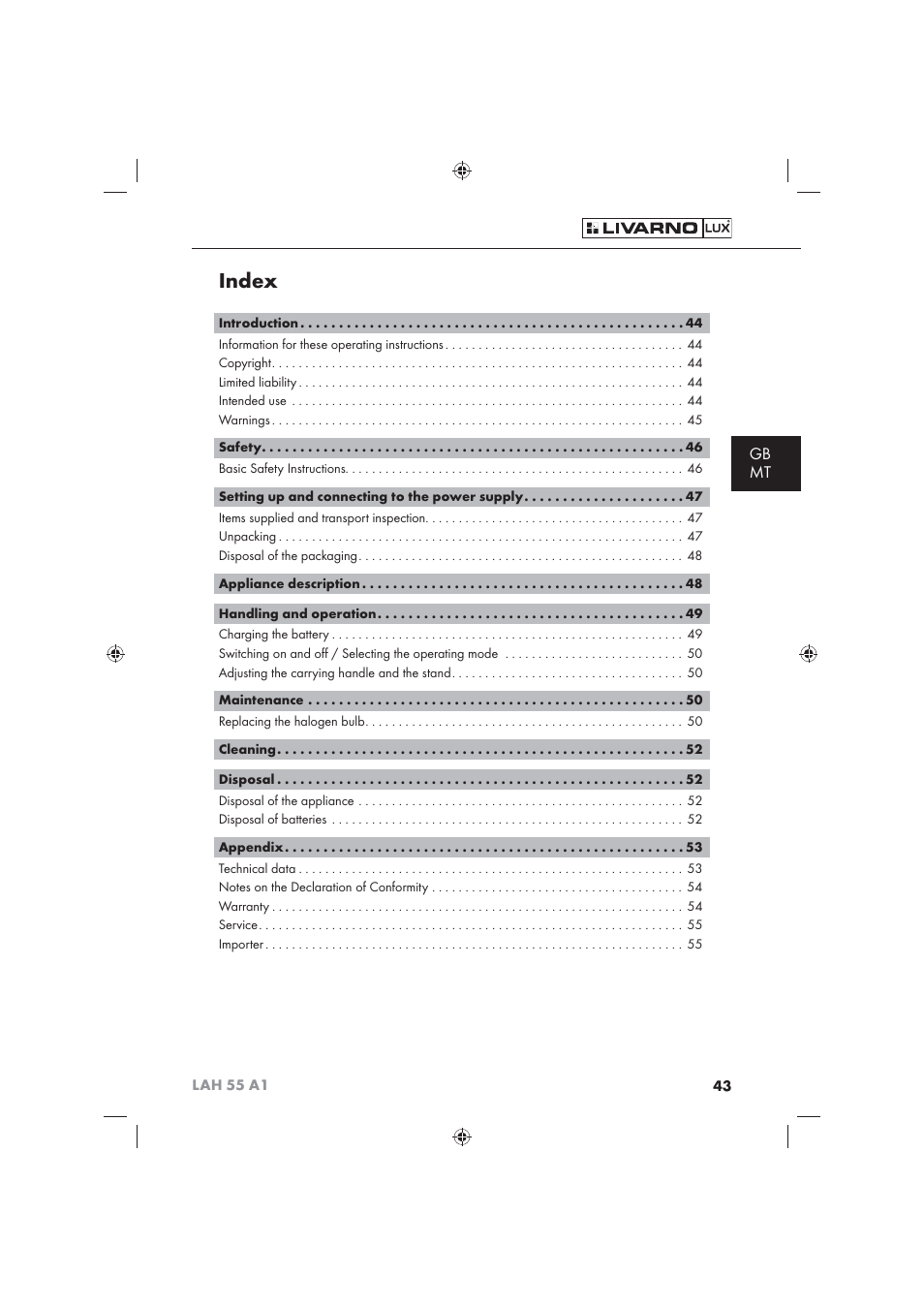 Index, Gb mt | Livarno LAH 55 A1 User Manual | Page 45 / 72