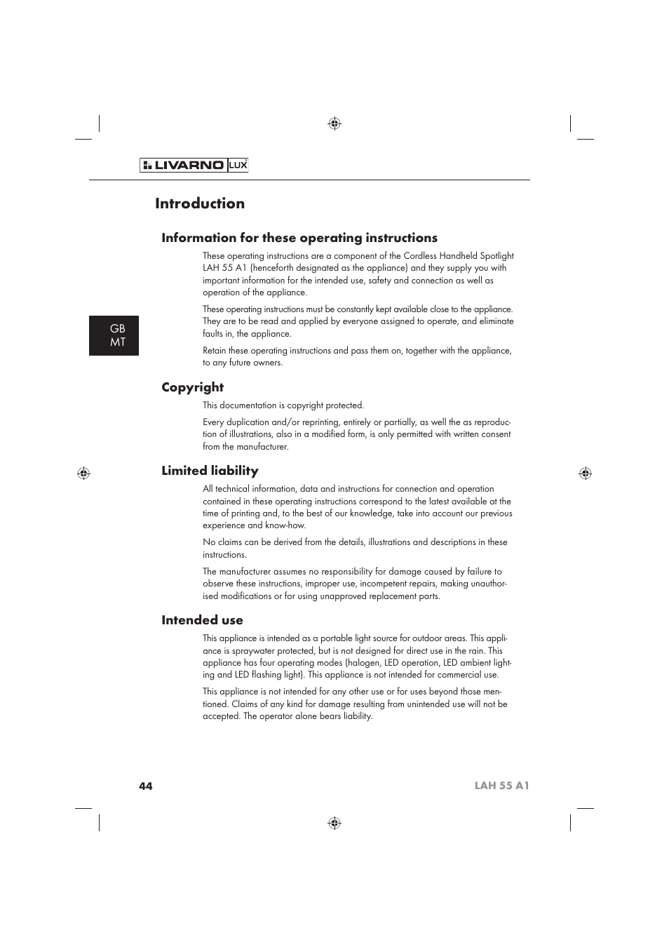 Introduction, Information for these operating instructions, Copyright | Limited liability, Intended use, Gb mt | Livarno LAH 55 A1 User Manual | Page 46 / 72