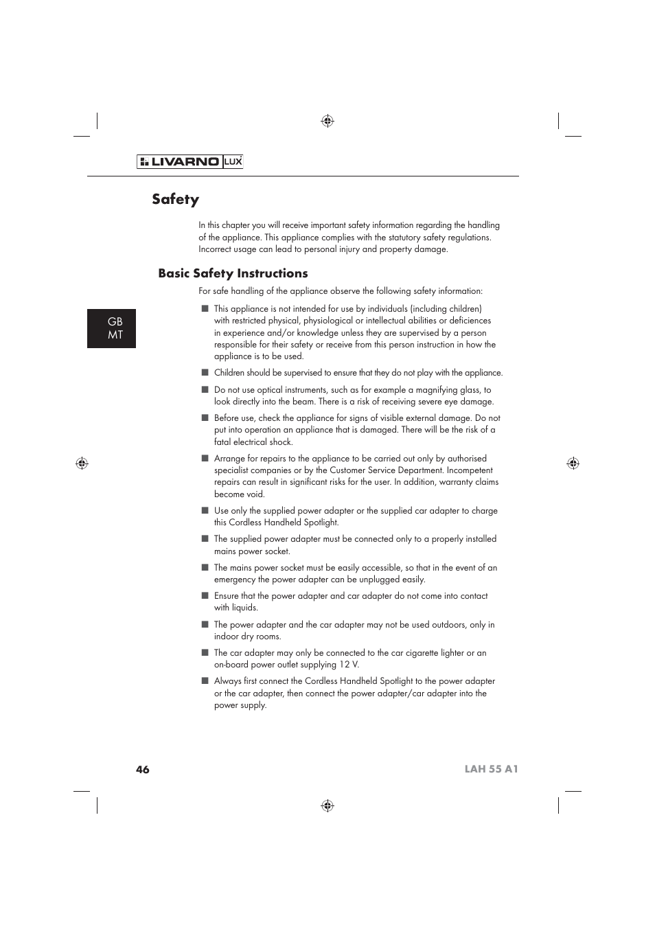 Safety, Basic safety instructions, Gb mt | Livarno LAH 55 A1 User Manual | Page 48 / 72