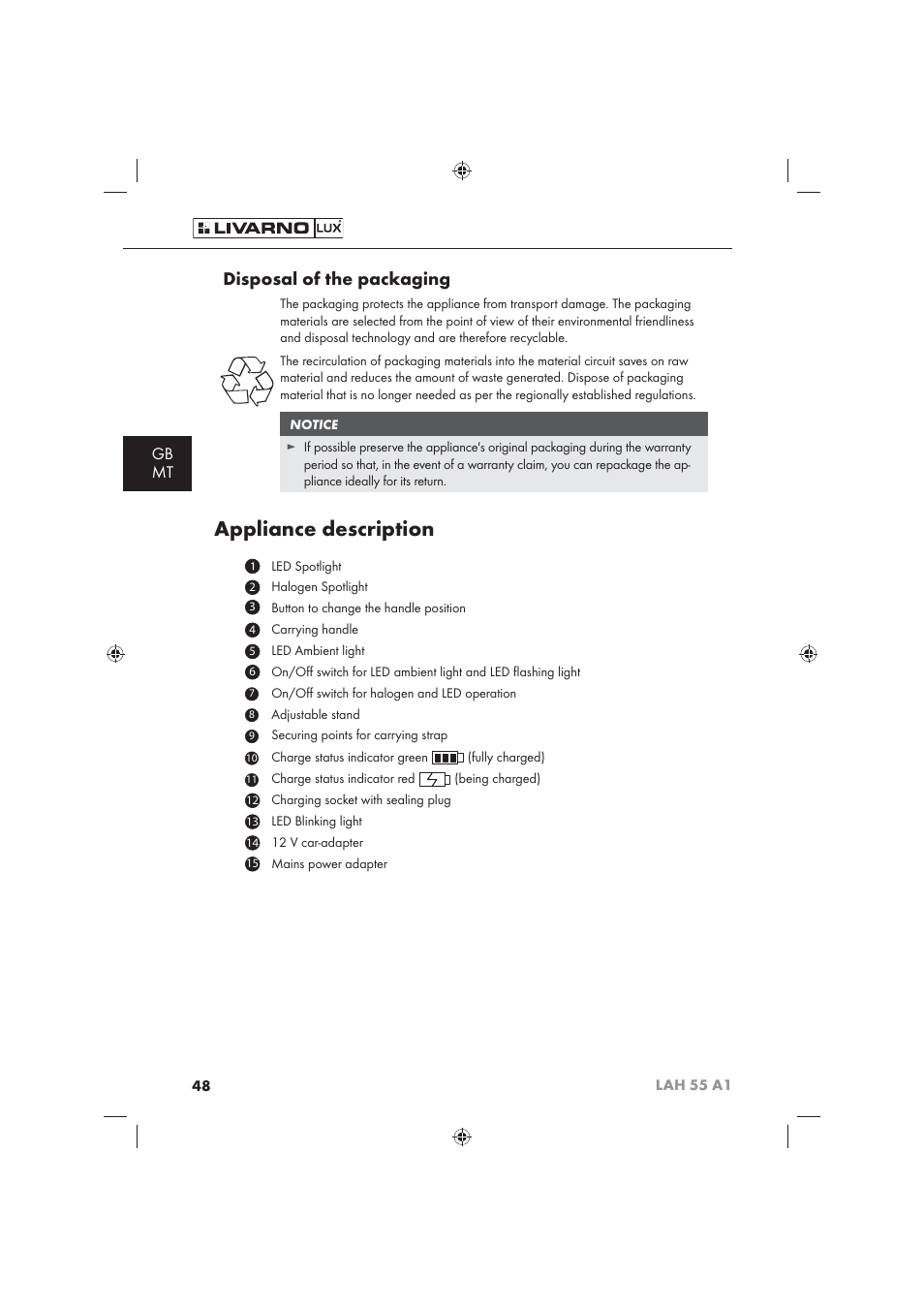 Appliance description, Disposal of the packaging, Gb mt | Livarno LAH 55 A1 User Manual | Page 50 / 72