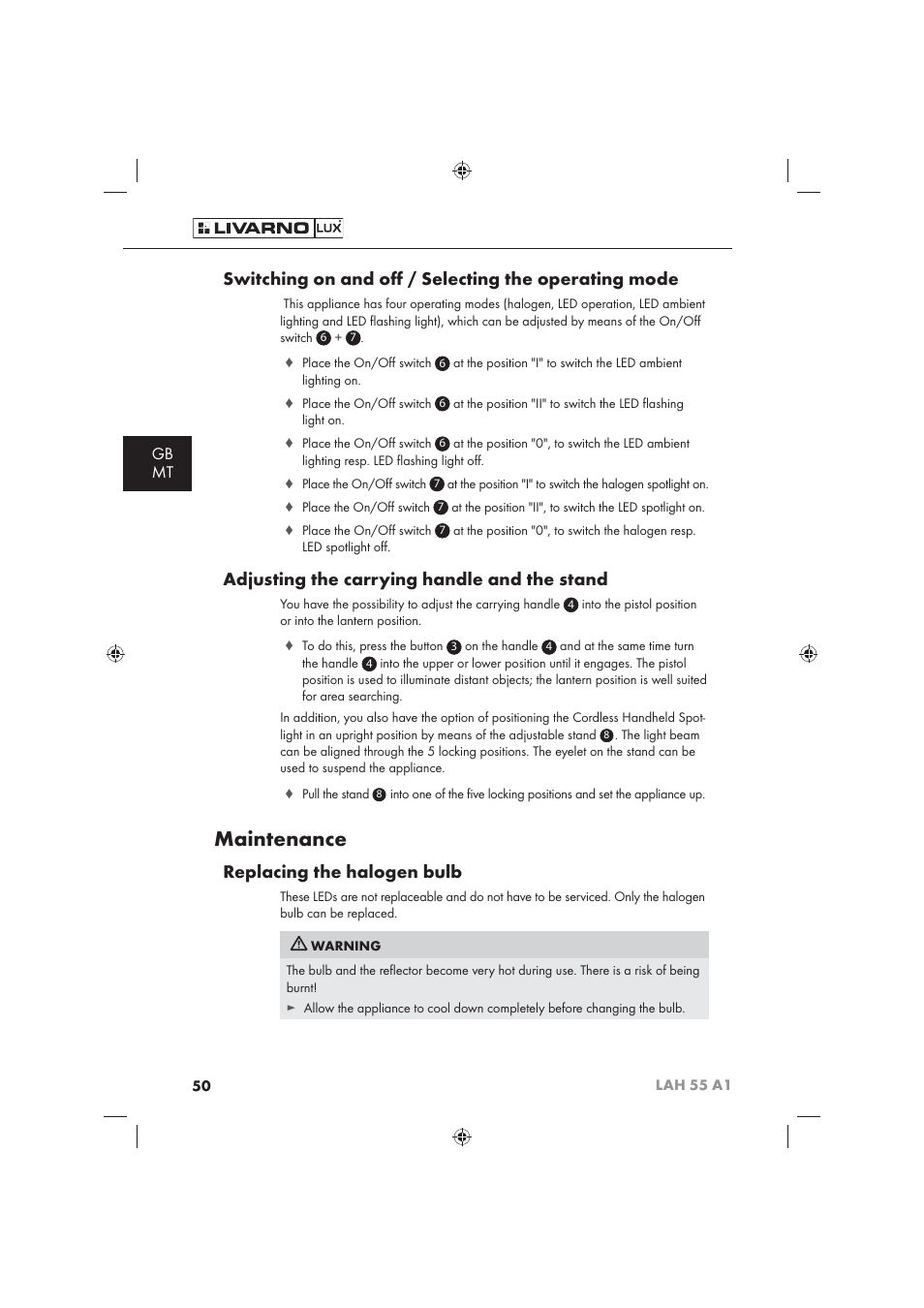 Maintenance, Switching on and oﬀ / selecting the operating mode, Adjusting the carrying handle and the stand | Replacing the halogen bulb, Gb mt | Livarno LAH 55 A1 User Manual | Page 52 / 72