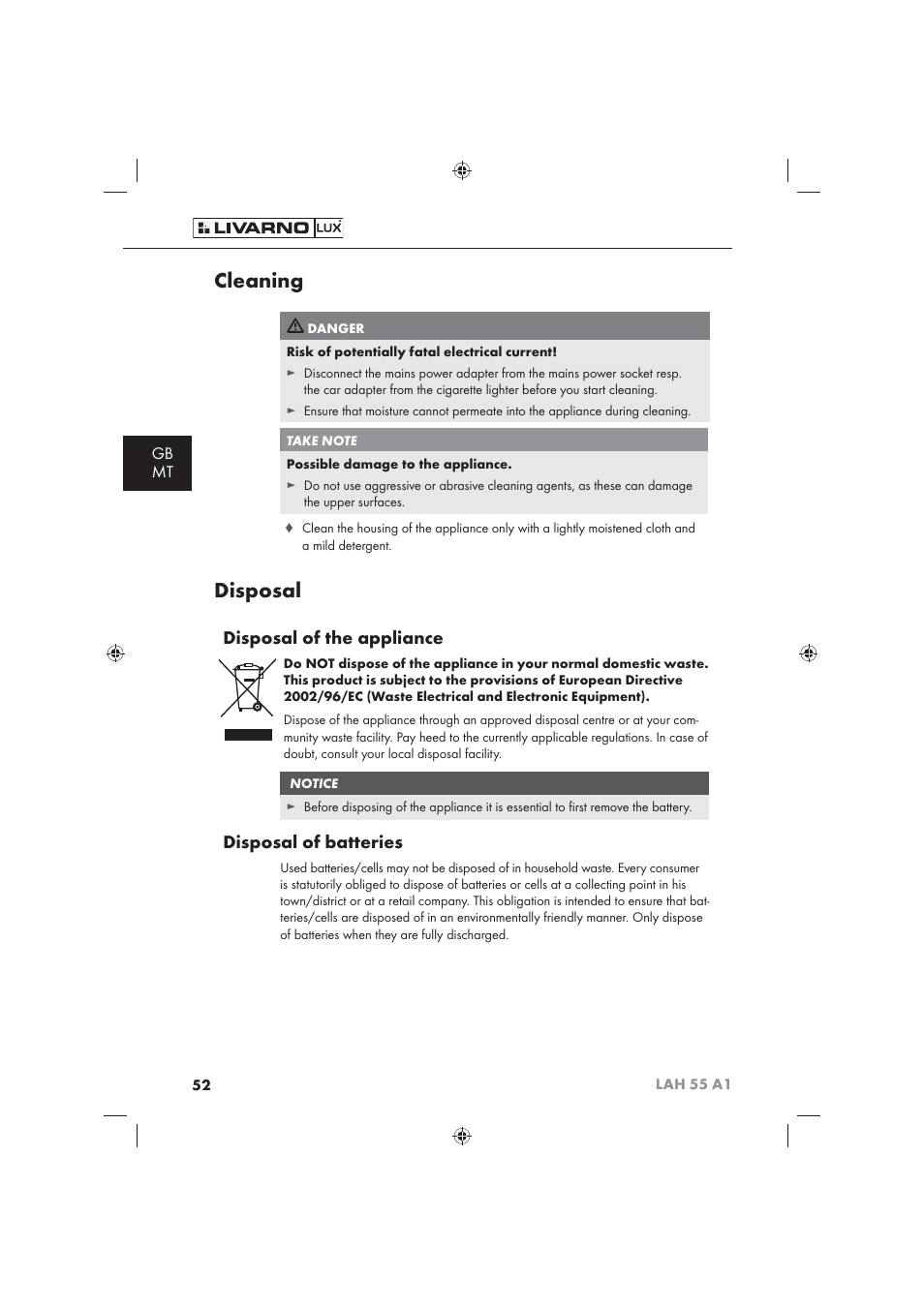 Cleaning, Disposal, Disposal of the appliance | Disposal of batteries, Gb mt | Livarno LAH 55 A1 User Manual | Page 54 / 72