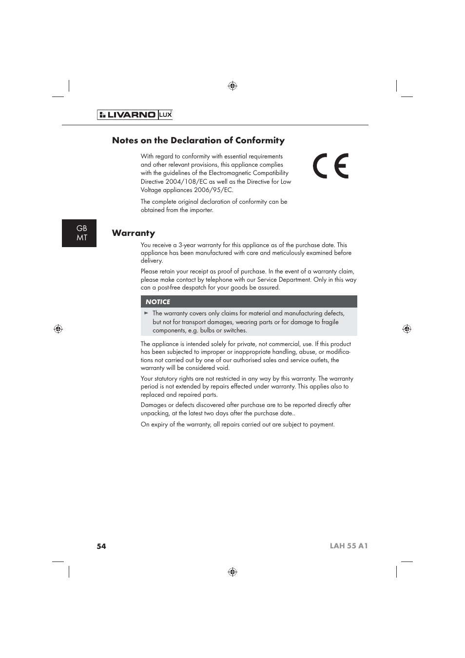 Warranty, Gb mt | Livarno LAH 55 A1 User Manual | Page 56 / 72