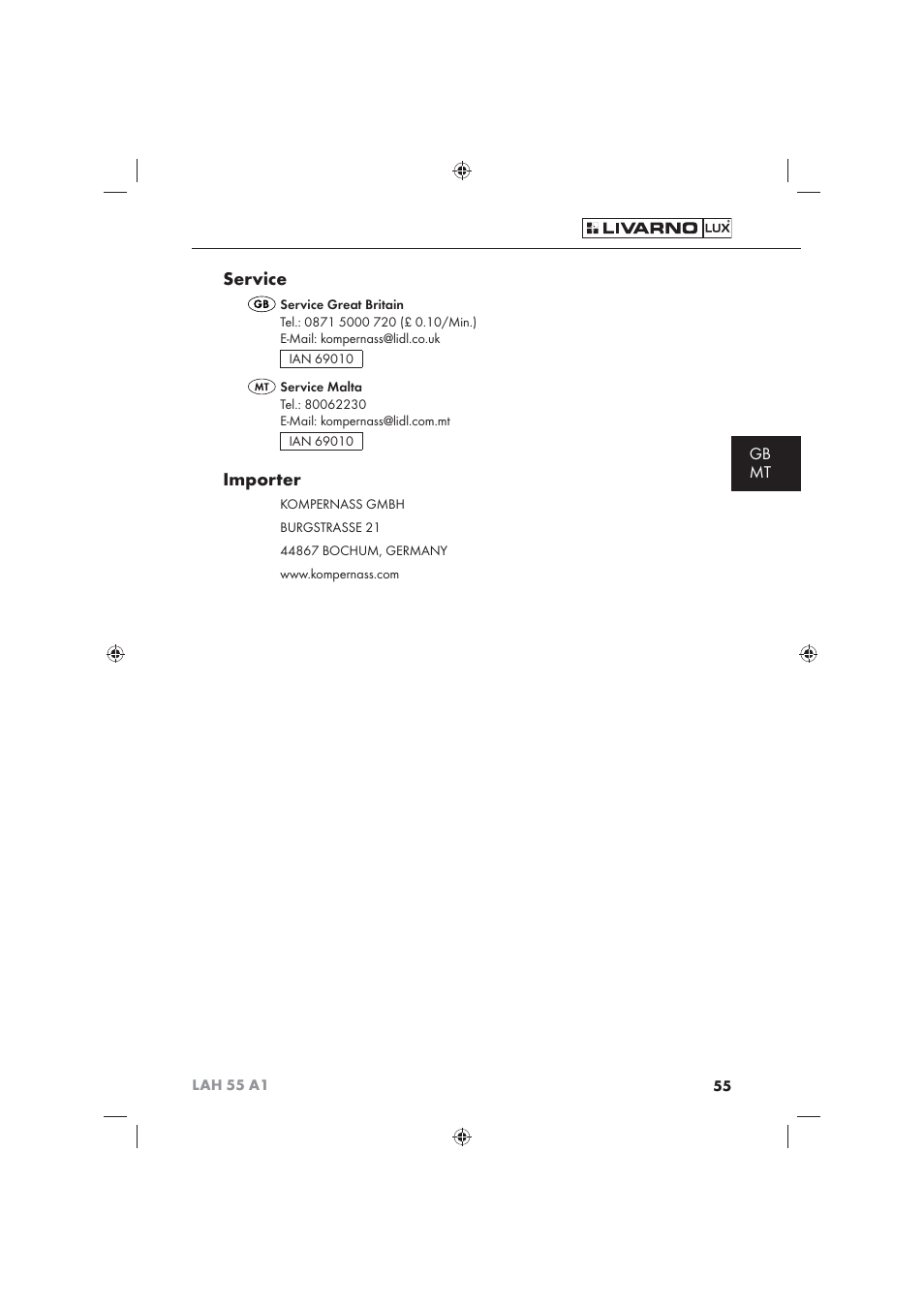 Service, Importer, Gb mt | Livarno LAH 55 A1 User Manual | Page 57 / 72