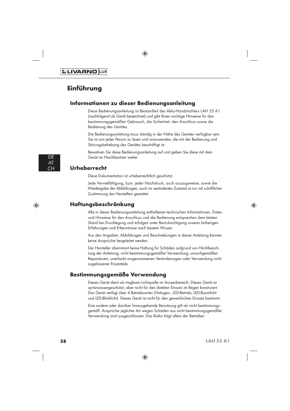 Einführung, Informationen zu dieser bedienungsanleitung, Urheberrecht | Haftungsbeschränkung, Bestimmungsgemäße verwendung, De at ch | Livarno LAH 55 A1 User Manual | Page 60 / 72