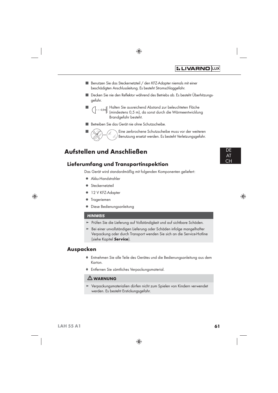 Aufstellen und anschließen, Lieferumfang und transportinspektion, Auspacken | De at ch | Livarno LAH 55 A1 User Manual | Page 63 / 72