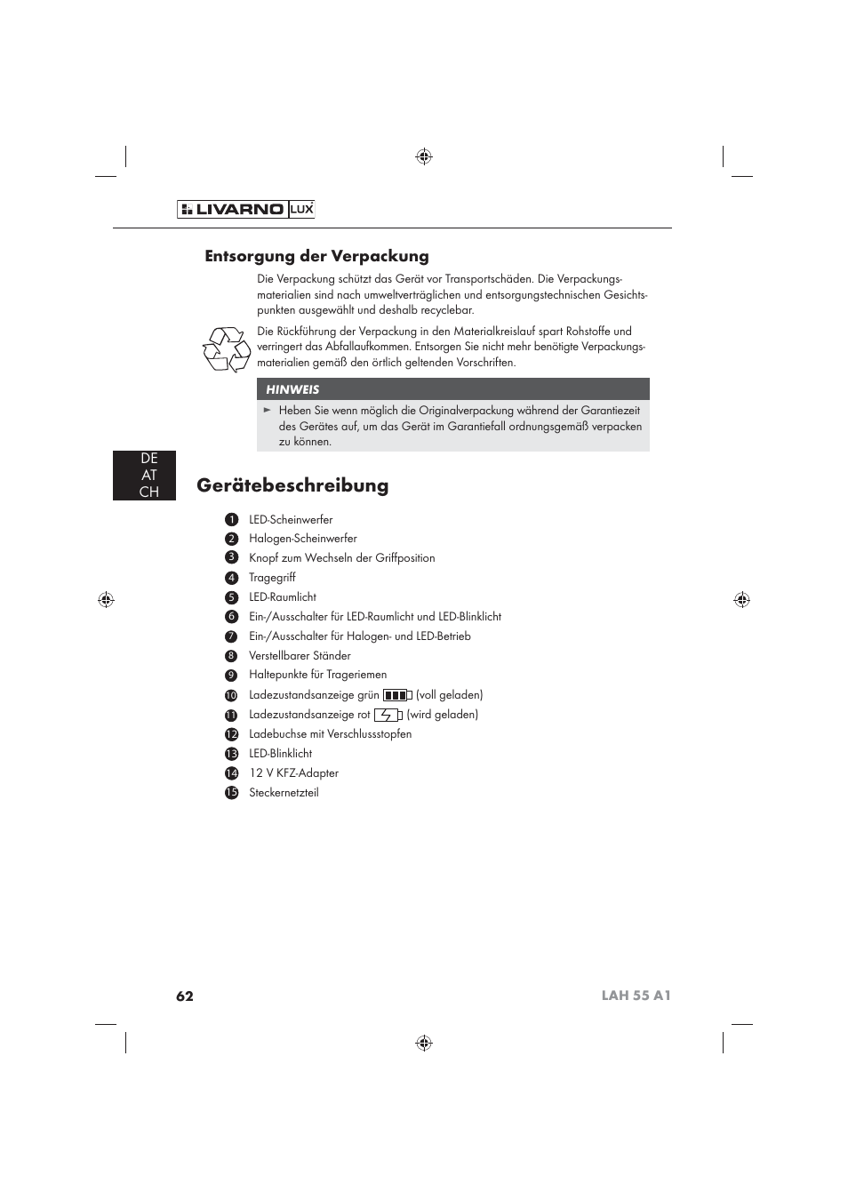 Gerätebeschreibung, Entsorgung der verpackung, De at ch | Livarno LAH 55 A1 User Manual | Page 64 / 72