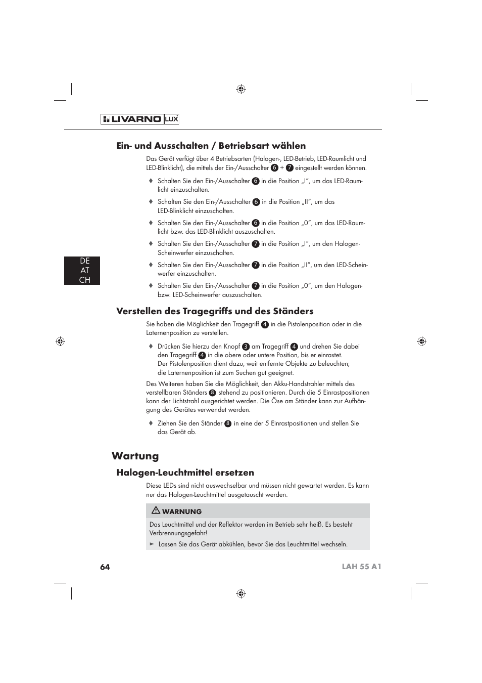 Wartung, Ein- und ausschalten / betriebsart wählen, Verstellen des tragegriﬀ s und des ständers | Halogen-leuchtmittel ersetzen, De at ch | Livarno LAH 55 A1 User Manual | Page 66 / 72