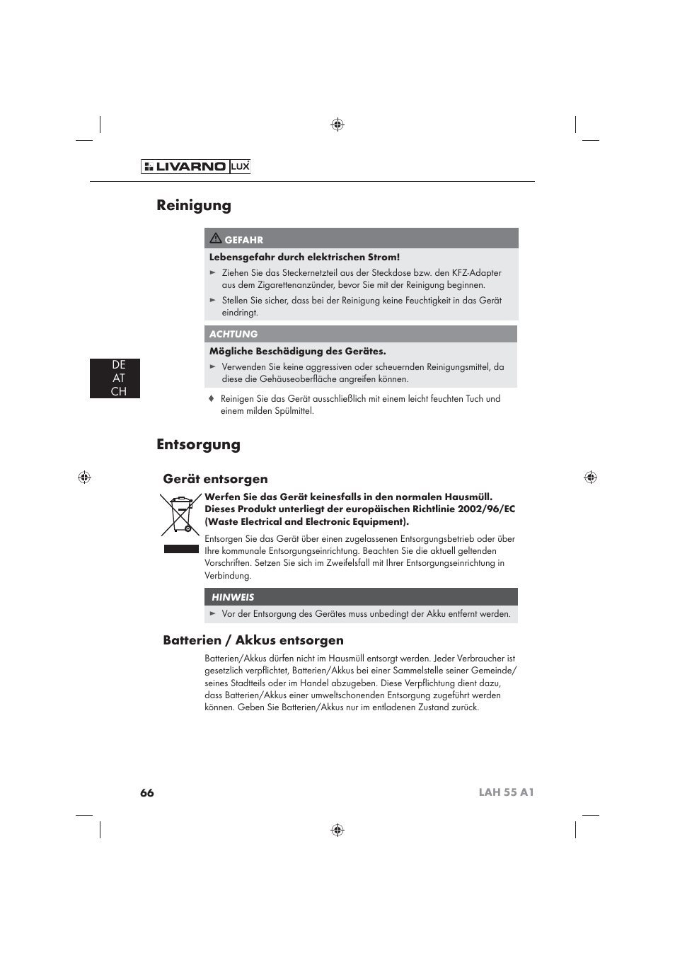 Reinigung, Entsorgung, Gerät entsorgen | Batterien / akkus entsorgen, De at ch | Livarno LAH 55 A1 User Manual | Page 68 / 72