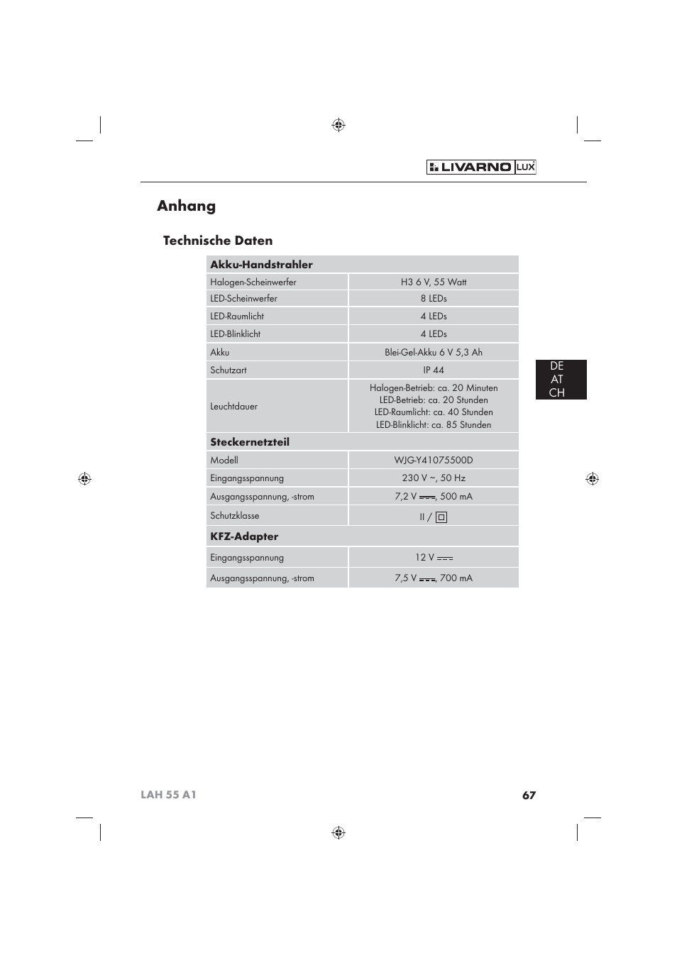 Anhang, Technische daten, De at ch | Livarno LAH 55 A1 User Manual | Page 69 / 72