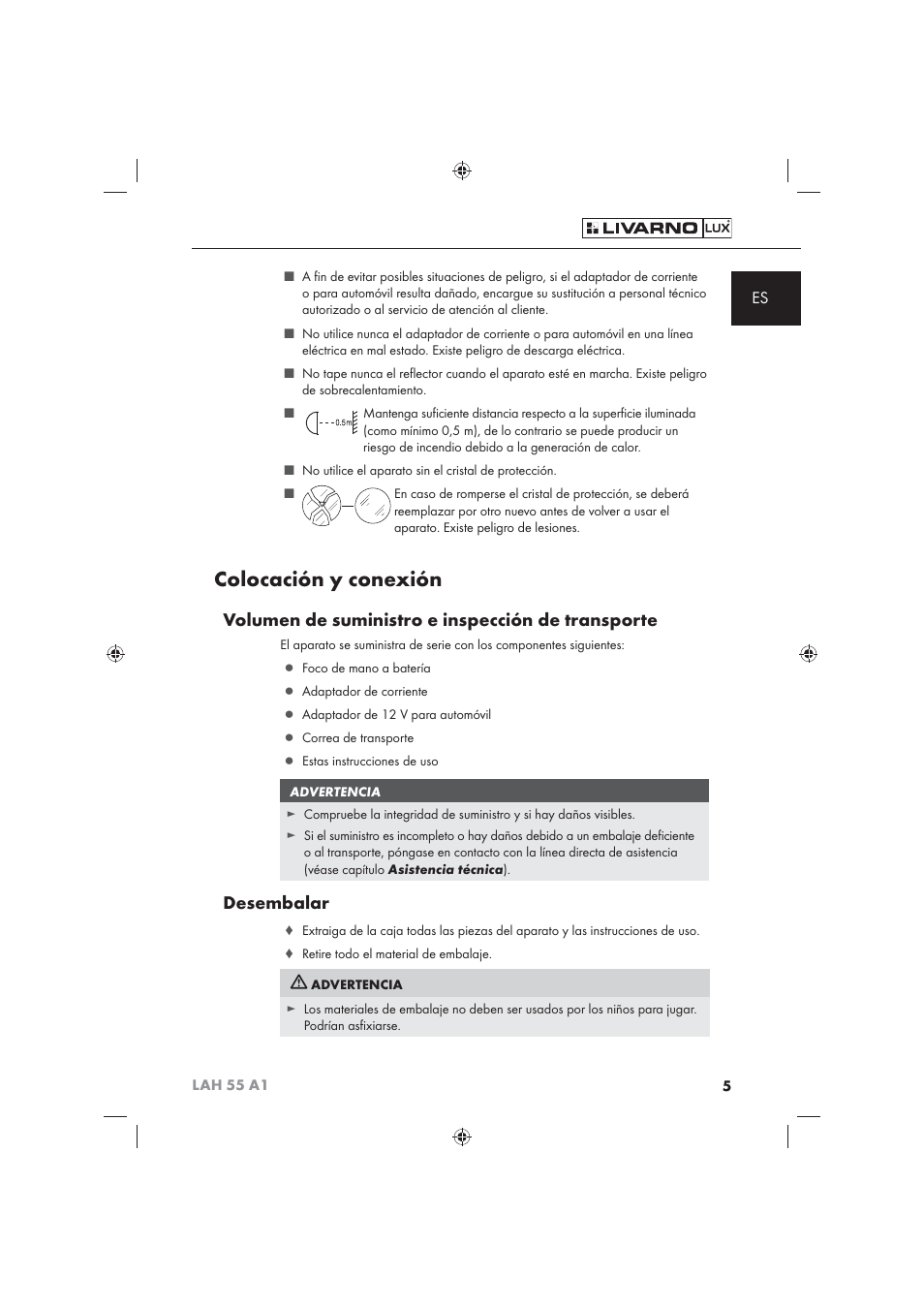 Colocación y conexión, Volumen de suministro e inspección de transporte, Desembalar | Livarno LAH 55 A1 User Manual | Page 7 / 72