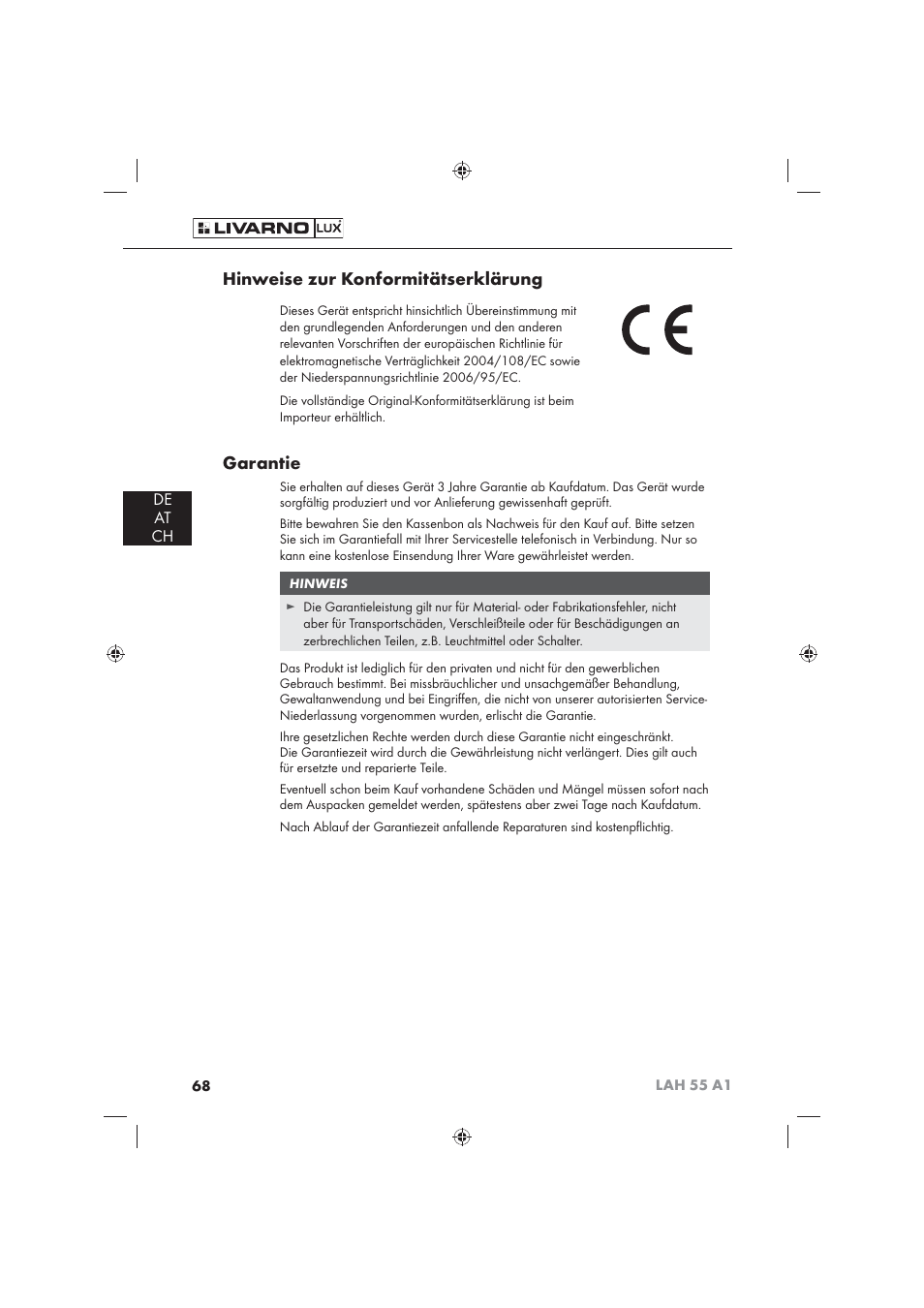 Hinweise zur konformitätserklärung, Garantie, De at ch | Livarno LAH 55 A1 User Manual | Page 70 / 72