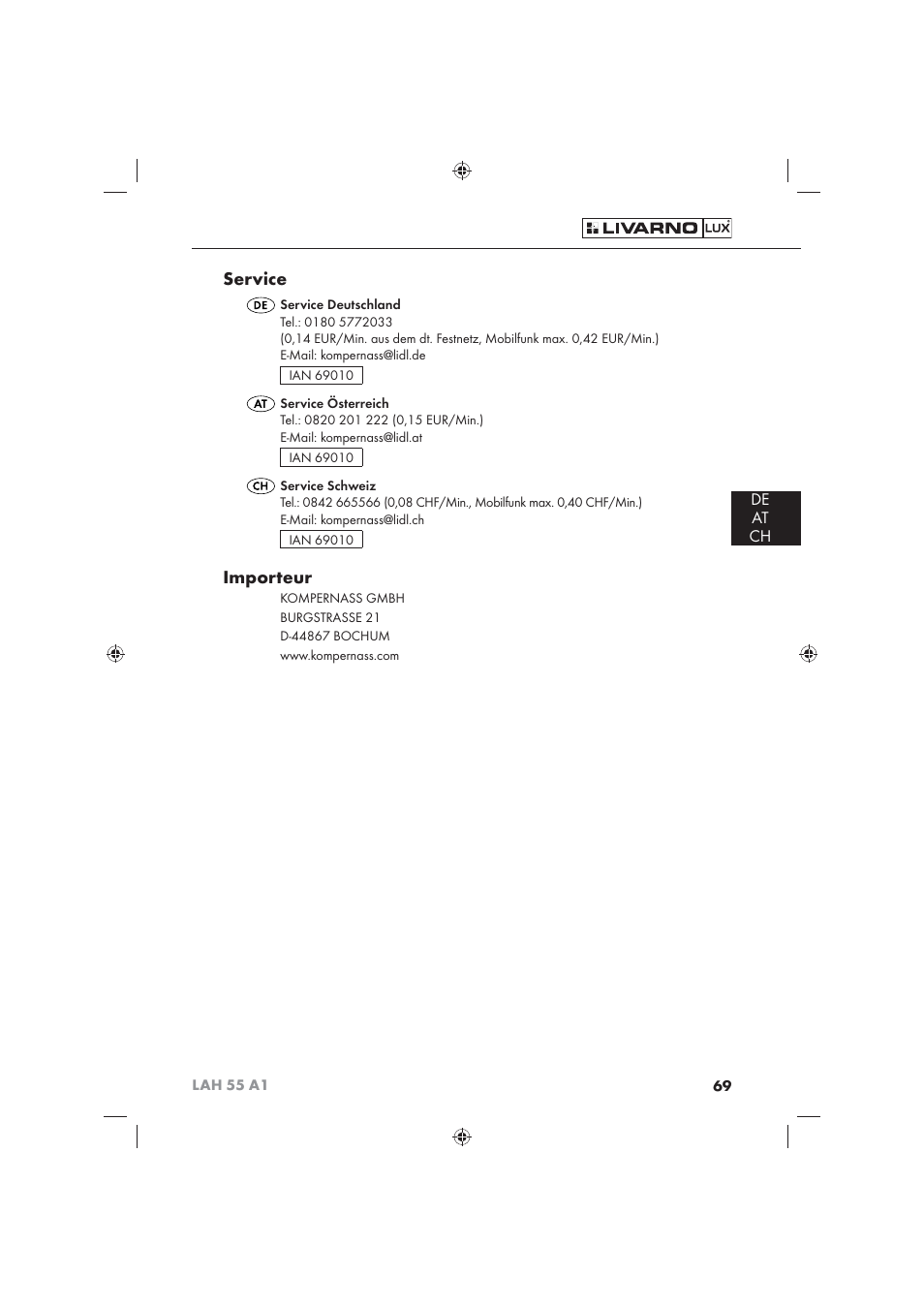 Service, Importeur, De at ch | Livarno LAH 55 A1 User Manual | Page 71 / 72