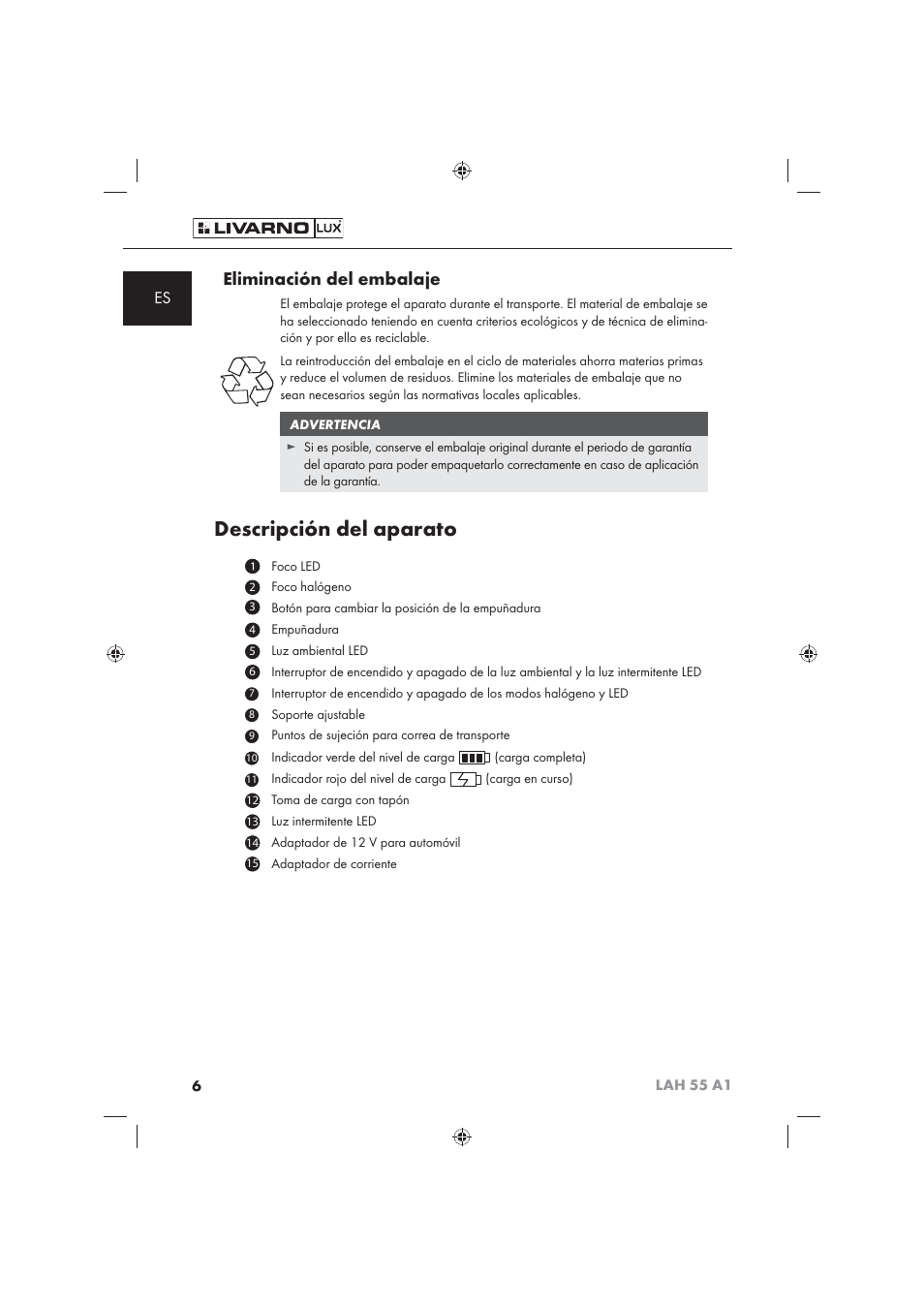 Descripción del aparato, Eliminación del embalaje | Livarno LAH 55 A1 User Manual | Page 8 / 72