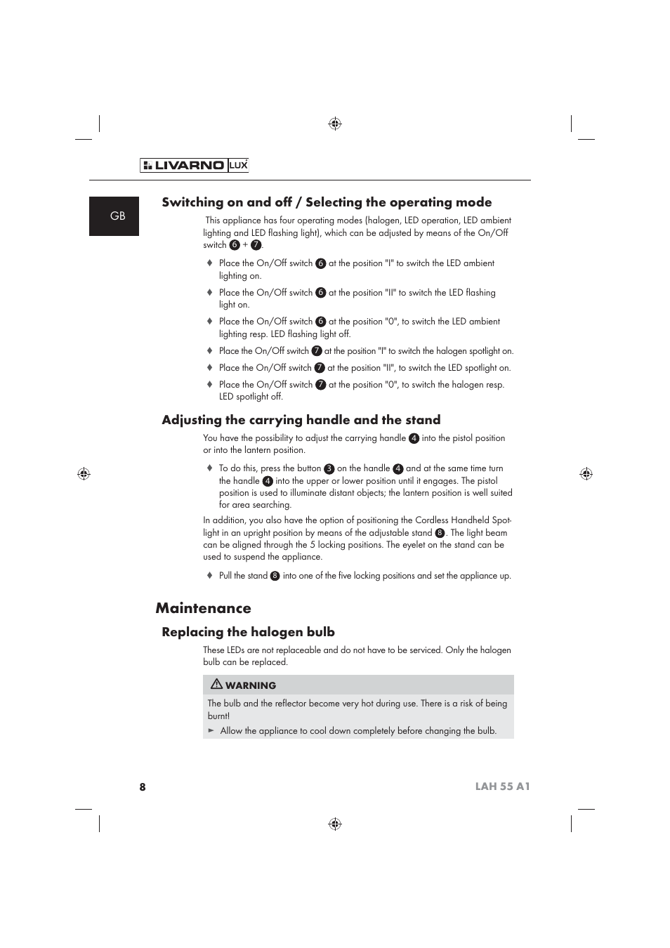 Maintenance, Switching on and oﬀ / selecting the operating mode, Adjusting the carrying handle and the stand | Replacing the halogen bulb | Livarno LAH 55 A1 User Manual | Page 10 / 92