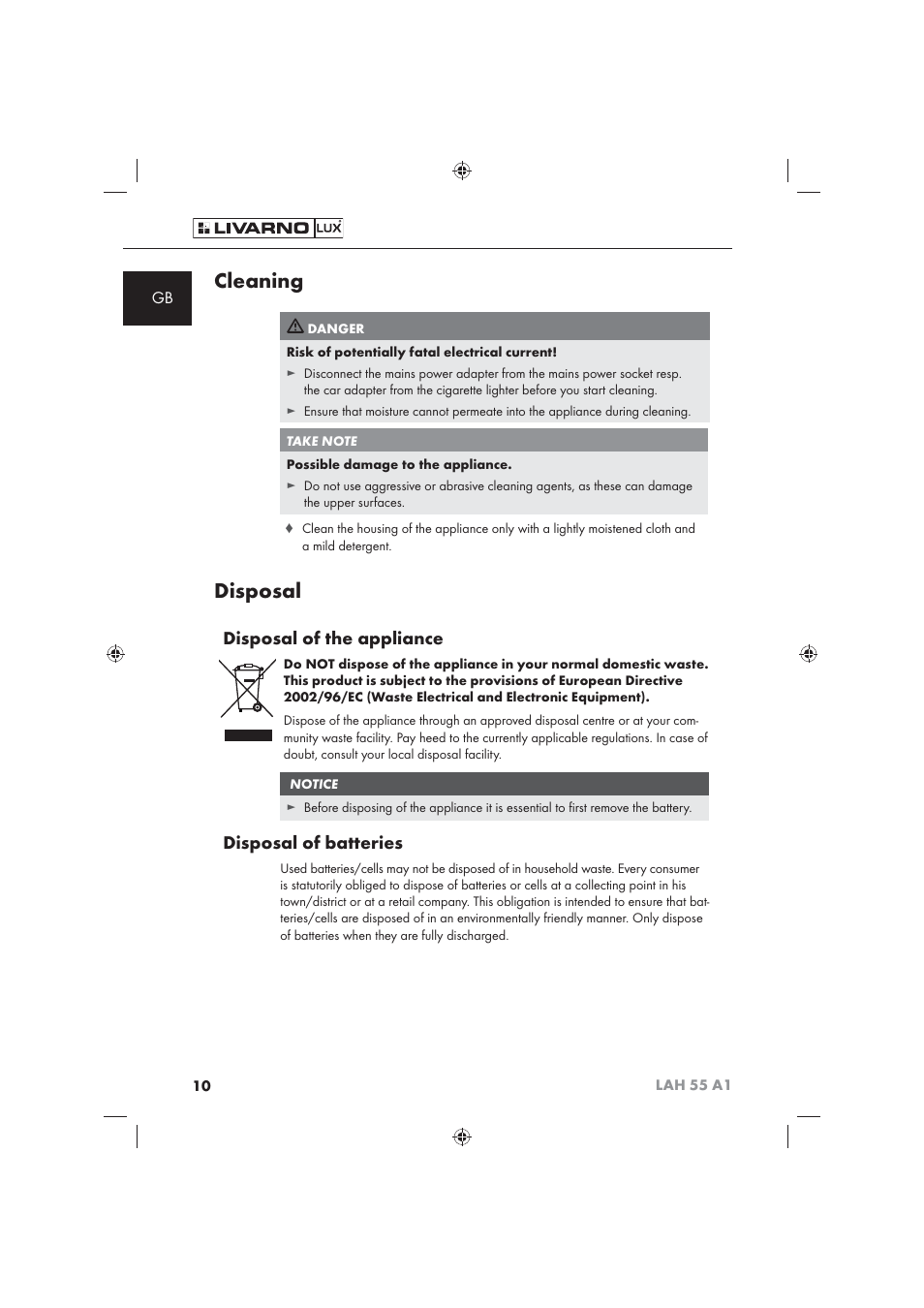 Cleaning, Disposal, Disposal of the appliance | Disposal of batteries | Livarno LAH 55 A1 User Manual | Page 12 / 92