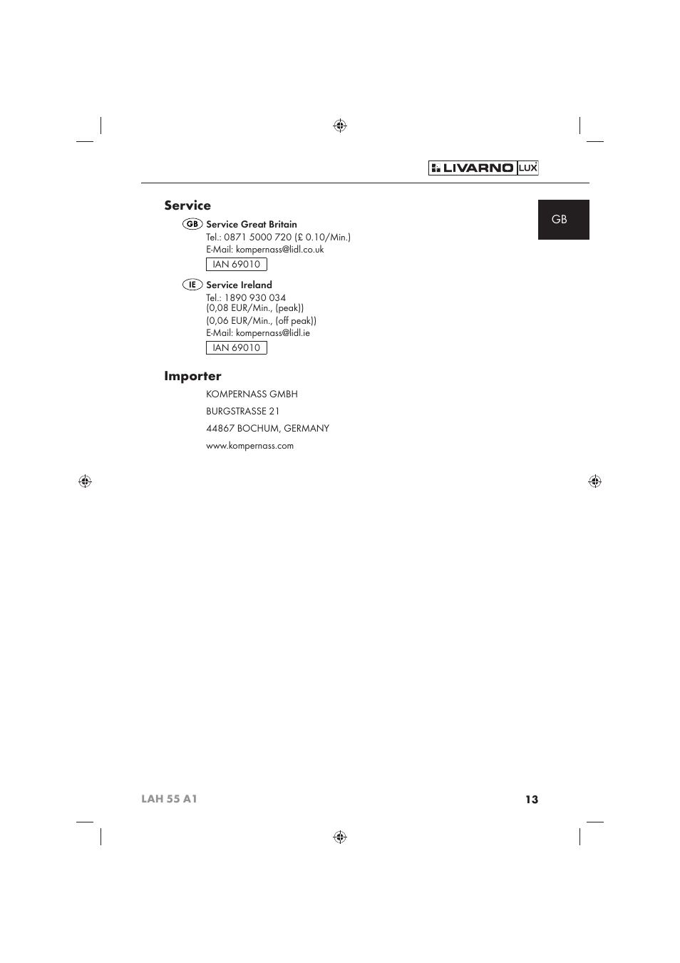 Service, Importer | Livarno LAH 55 A1 User Manual | Page 15 / 92