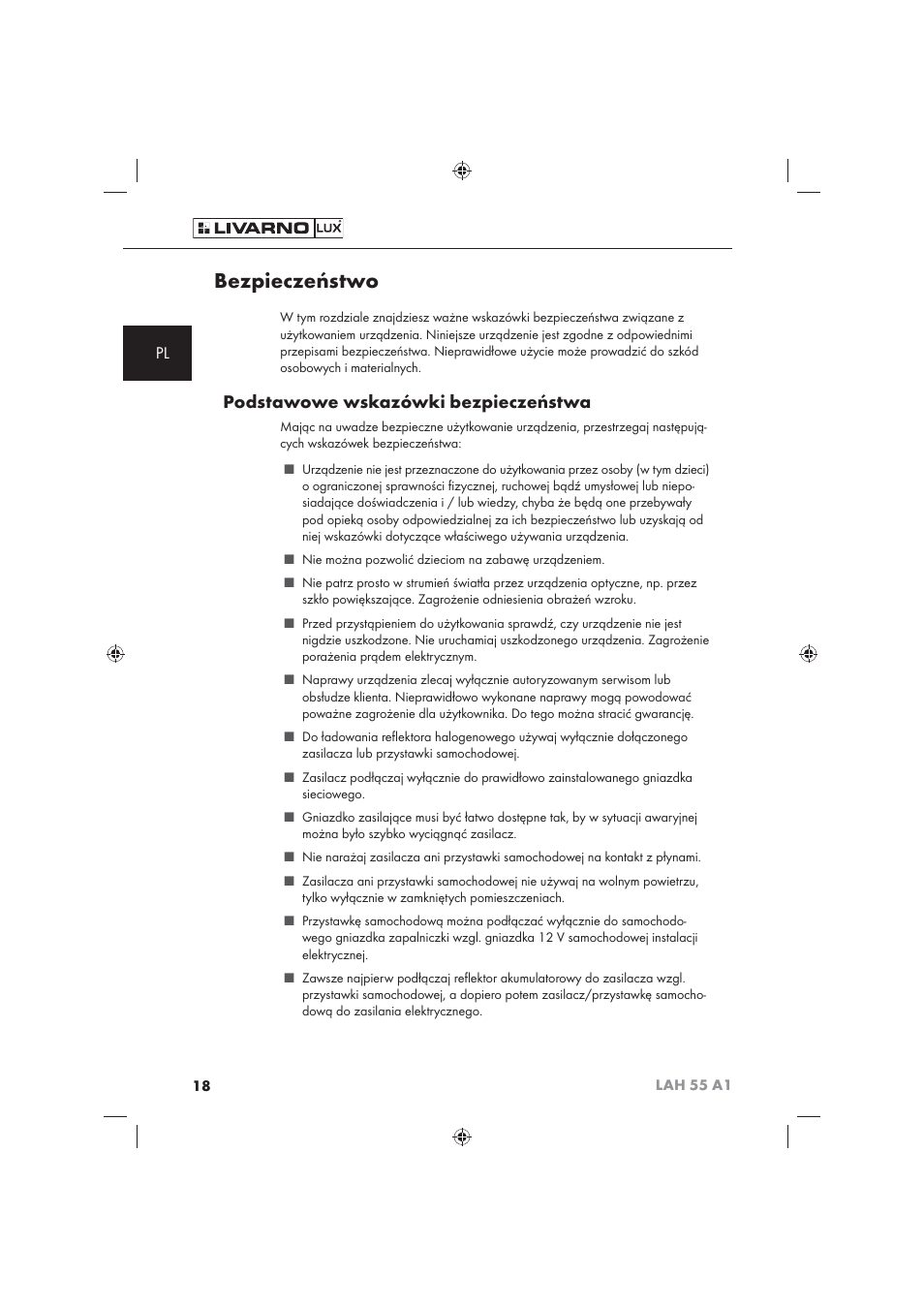 Bezpieczeństwo, Podstawowe wskazówki bezpieczeństwa | Livarno LAH 55 A1 User Manual | Page 20 / 92