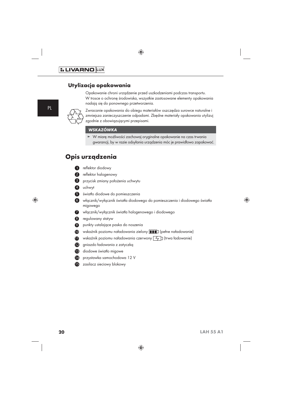 Opis urządzenia, Utylizacja opakowania | Livarno LAH 55 A1 User Manual | Page 22 / 92