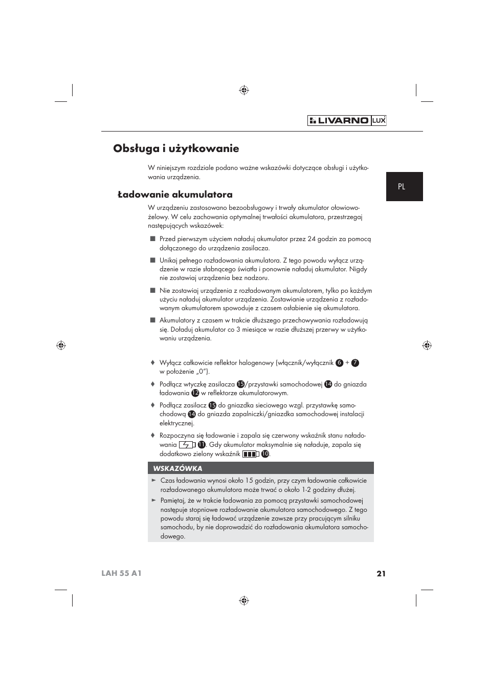 Obsługa i użytkowanie, Ładowanie akumulatora | Livarno LAH 55 A1 User Manual | Page 23 / 92