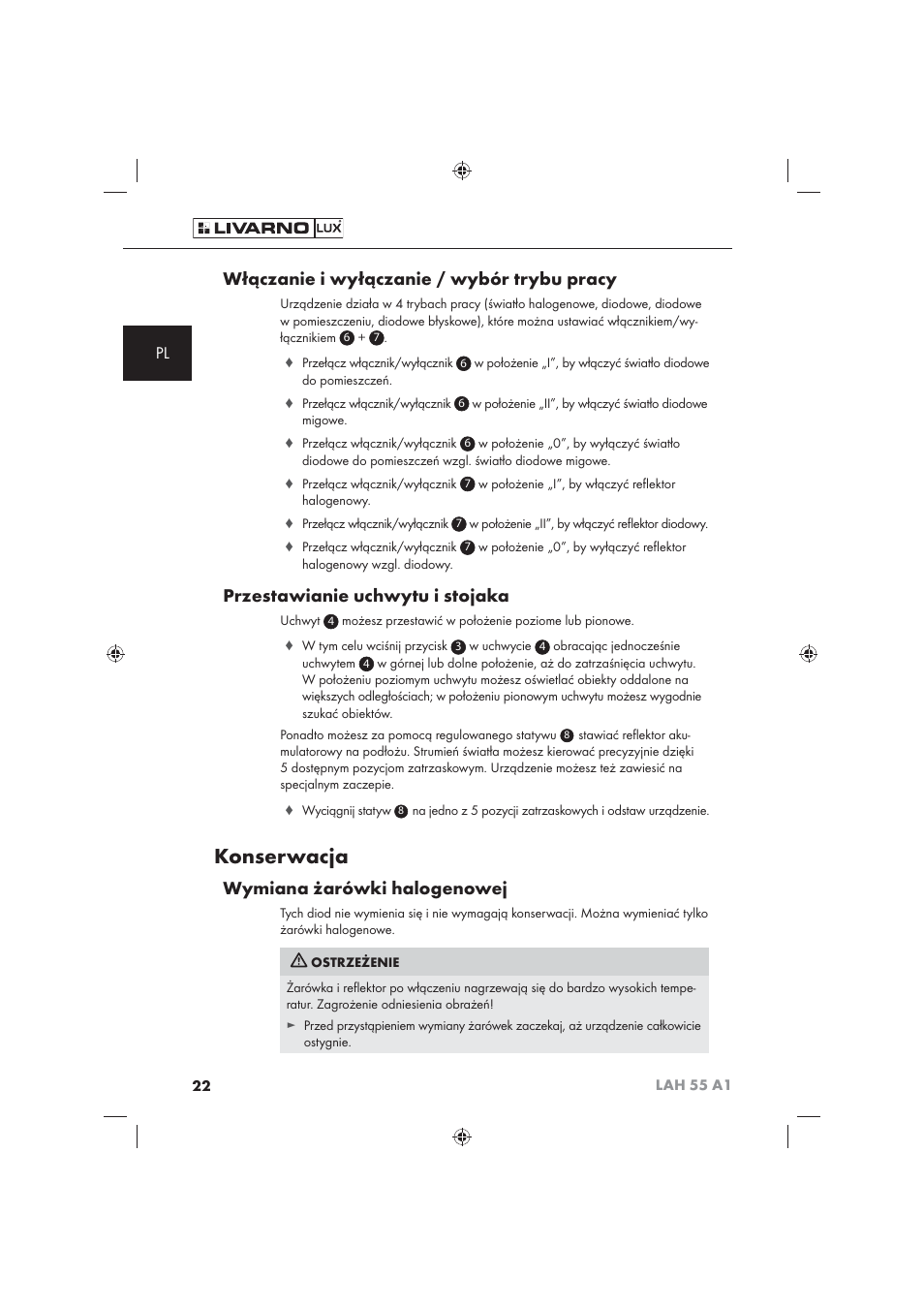 Konserwacja, Włączanie i wyłączanie / wybór trybu pracy, Przestawianie uchwytu i stojaka | Wymiana żarówki halogenowej | Livarno LAH 55 A1 User Manual | Page 24 / 92