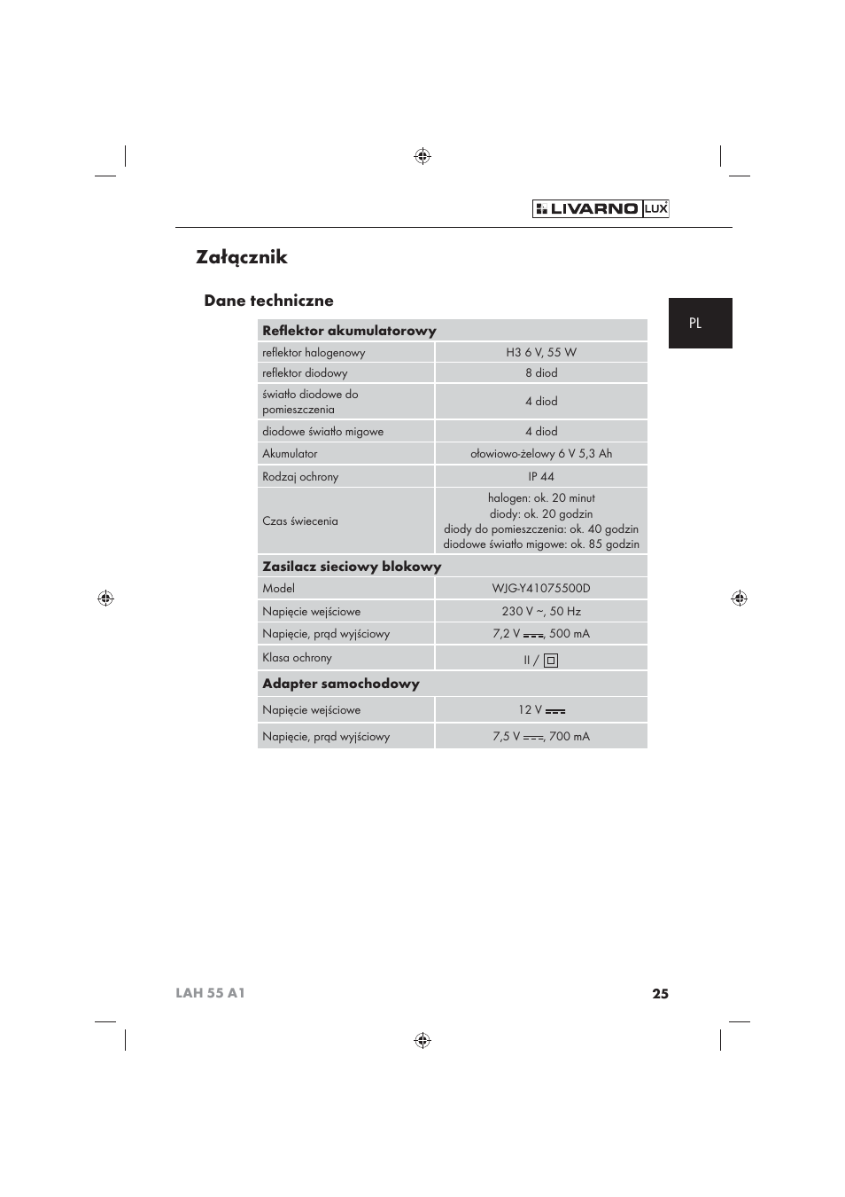 Załącznik, Dane techniczne | Livarno LAH 55 A1 User Manual | Page 27 / 92