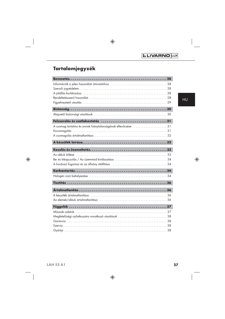 Tartalomjegyzék | Livarno LAH 55 A1 User Manual | Page 29 / 92