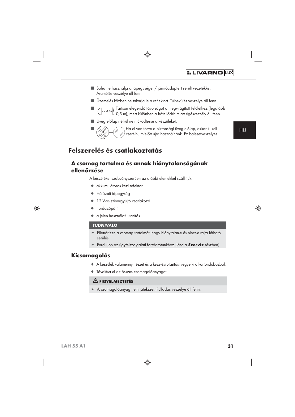 Felszerelés és csatlakoztatás, Kicsomagolás | Livarno LAH 55 A1 User Manual | Page 33 / 92