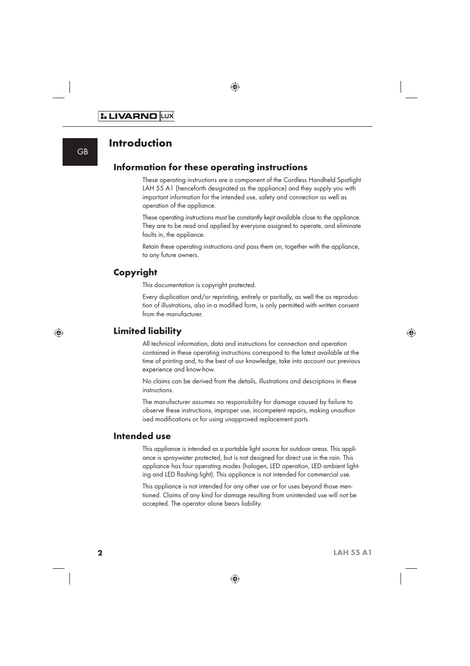 Introduction, Information for these operating instructions, Copyright | Limited liability, Intended use | Livarno LAH 55 A1 User Manual | Page 4 / 92