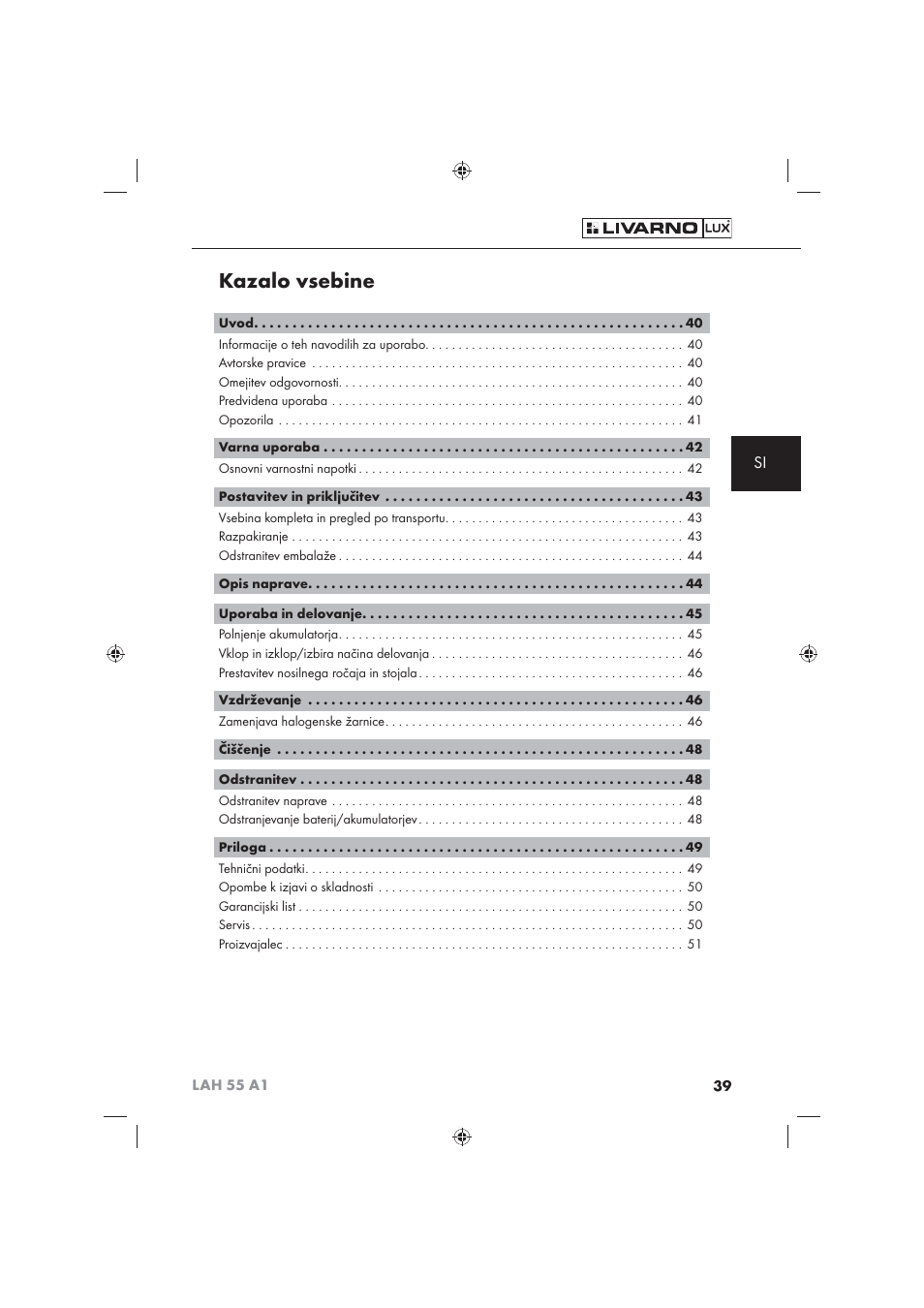 Kazalo vsebine | Livarno LAH 55 A1 User Manual | Page 41 / 92