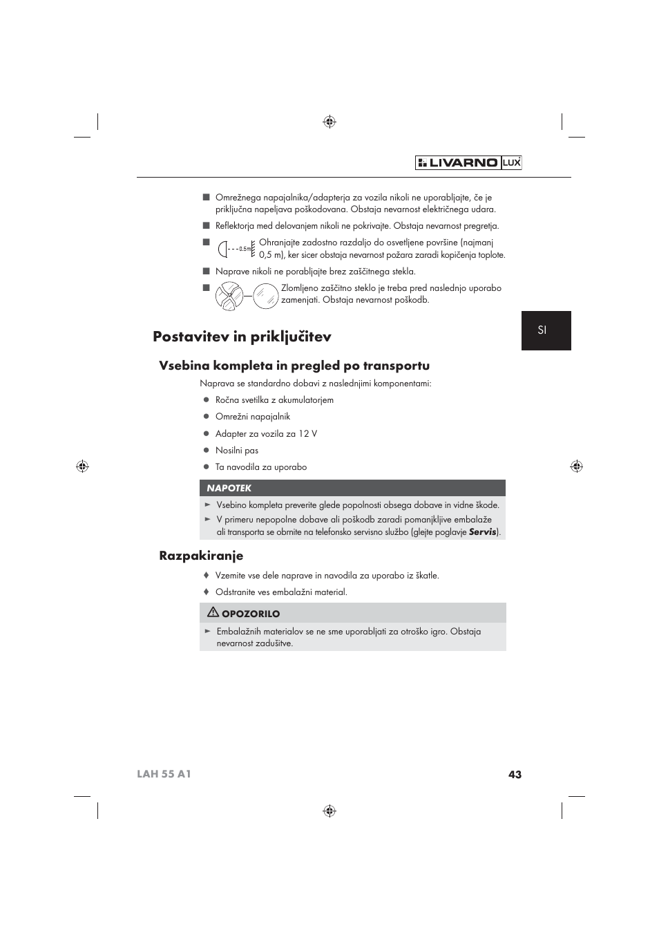 Postavitev in priključitev, Vsebina kompleta in pregled po transportu, Razpakiranje | Livarno LAH 55 A1 User Manual | Page 45 / 92