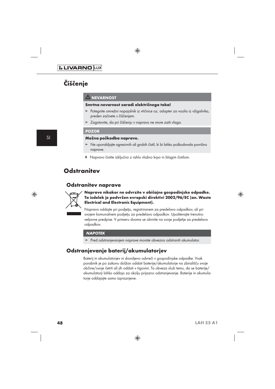 Čiščenje, Odstranitev, Odstranitev naprave | Odstranjevanje baterij/akumulatorjev | Livarno LAH 55 A1 User Manual | Page 50 / 92