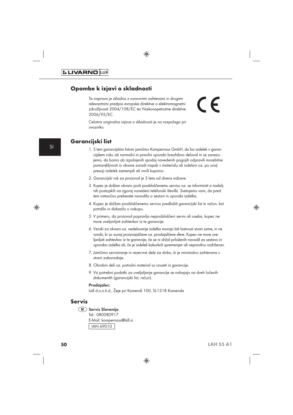 Opombe k izjavi o skladnosti, Garancijski list, Servis | Livarno LAH 55 A1 User Manual | Page 52 / 92
