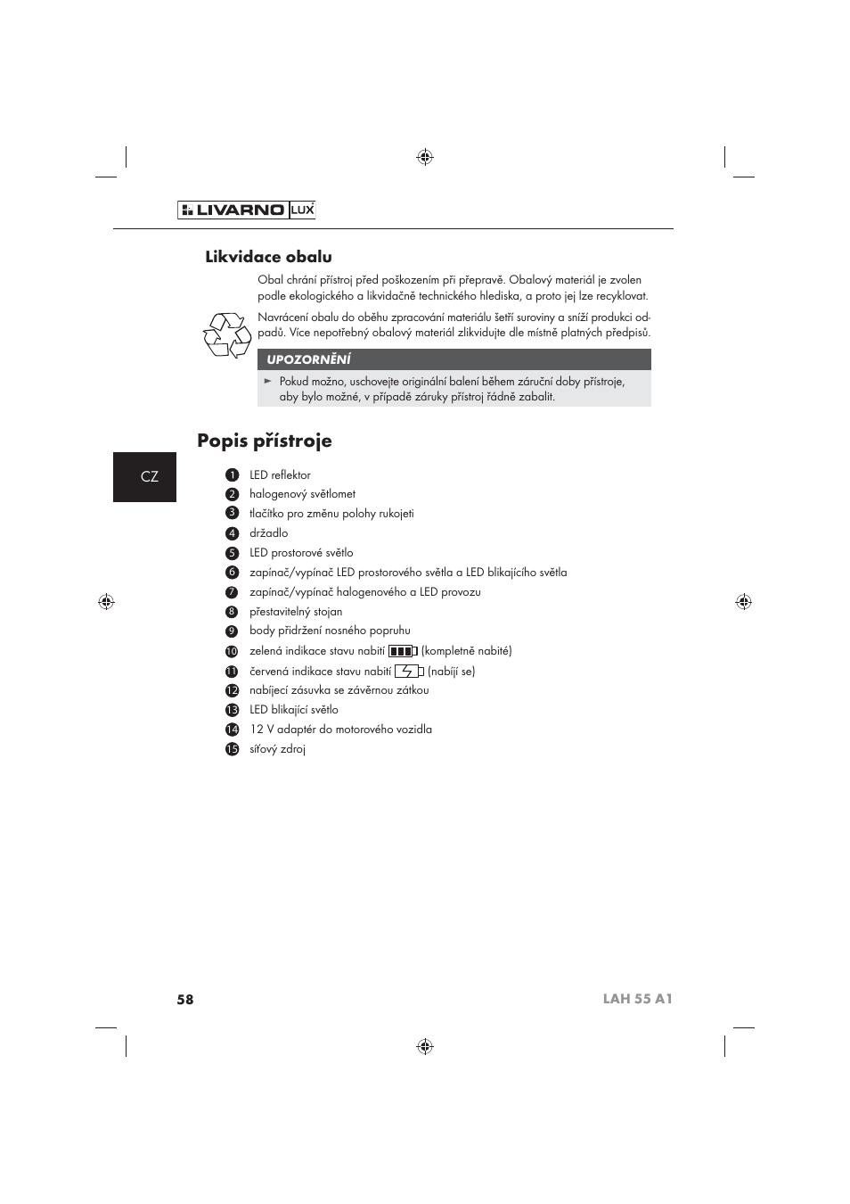 Popis přístroje, Likvidace obalu | Livarno LAH 55 A1 User Manual | Page 60 / 92