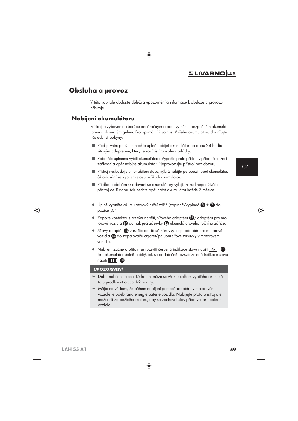 Obsluha a provoz, Nabíjení akumulátoru | Livarno LAH 55 A1 User Manual | Page 61 / 92