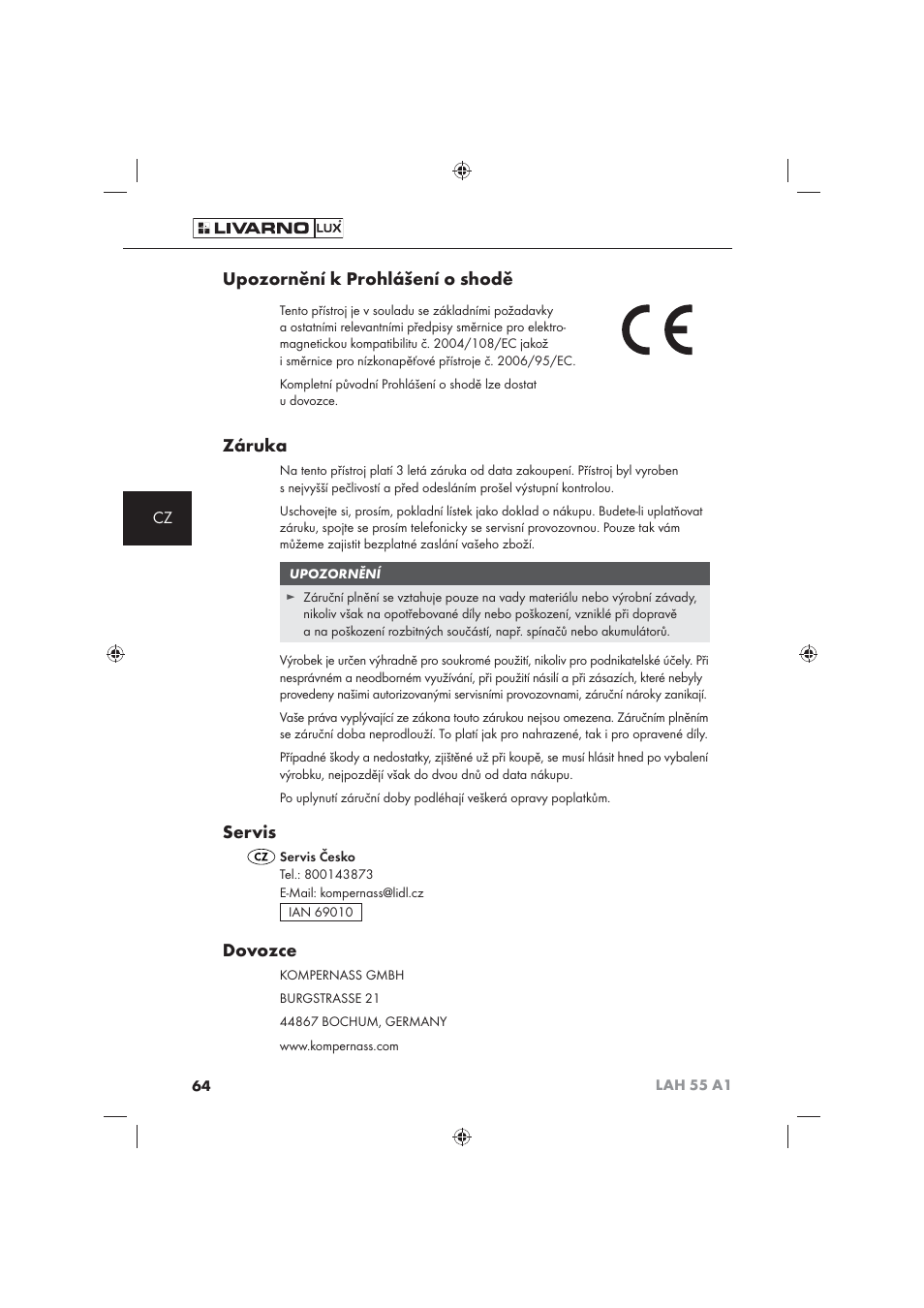 Upozornění k prohlášení o shodě, Záruka, Servis | Dovozce | Livarno LAH 55 A1 User Manual | Page 66 / 92