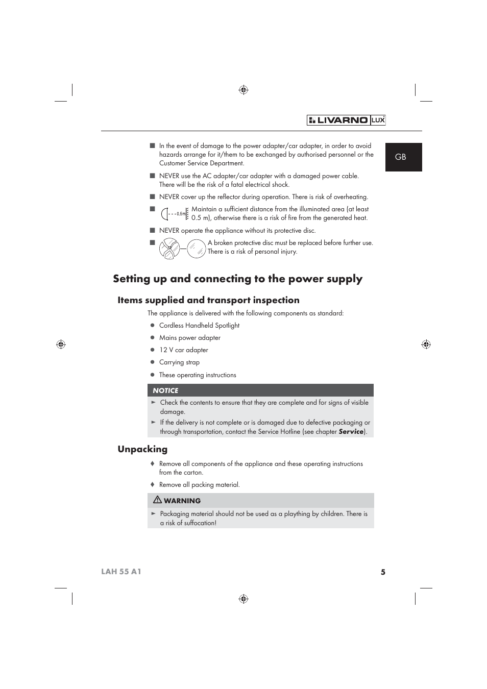 Setting up and connecting to the power supply, Items supplied and transport inspection, Unpacking | Livarno LAH 55 A1 User Manual | Page 7 / 92
