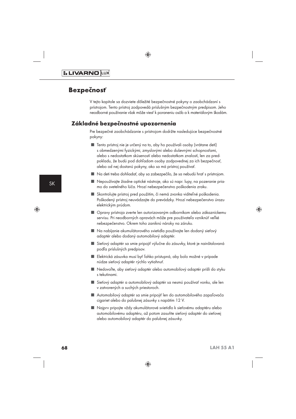 Bezpečnosť, Základné bezpečnostné upozornenia | Livarno LAH 55 A1 User Manual | Page 70 / 92